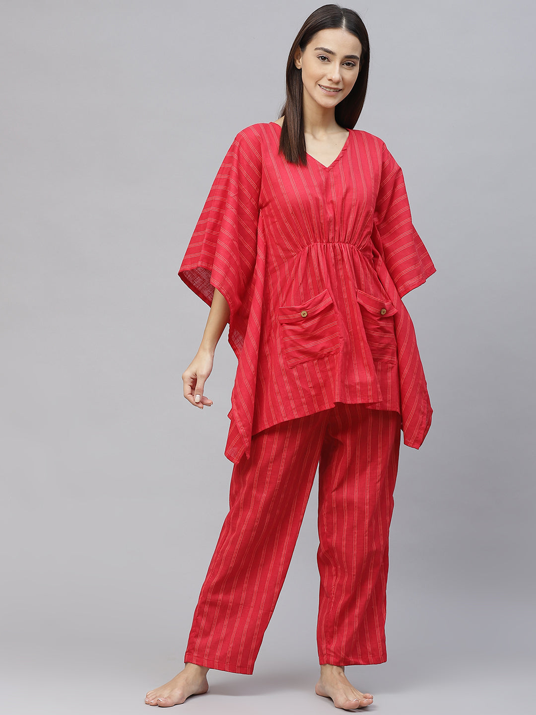 Women Red and Orange  Striped Cotton Kaftan Pyjama Set