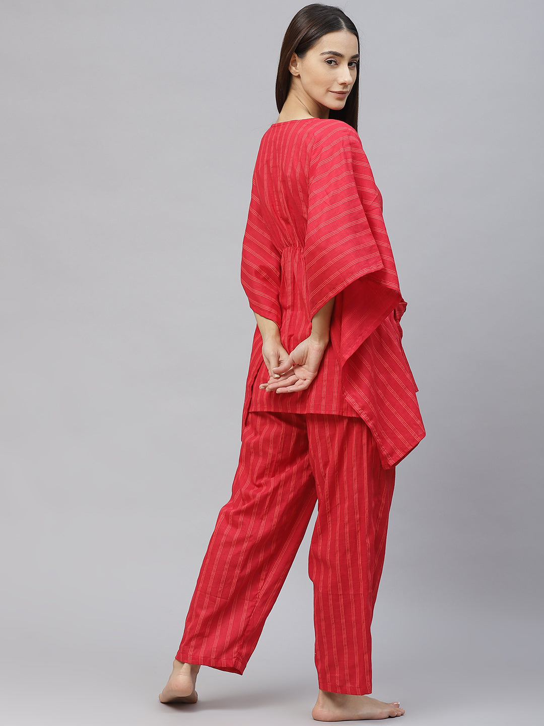 Women Red and Orange  Striped Cotton Kaftan Pyjama Set