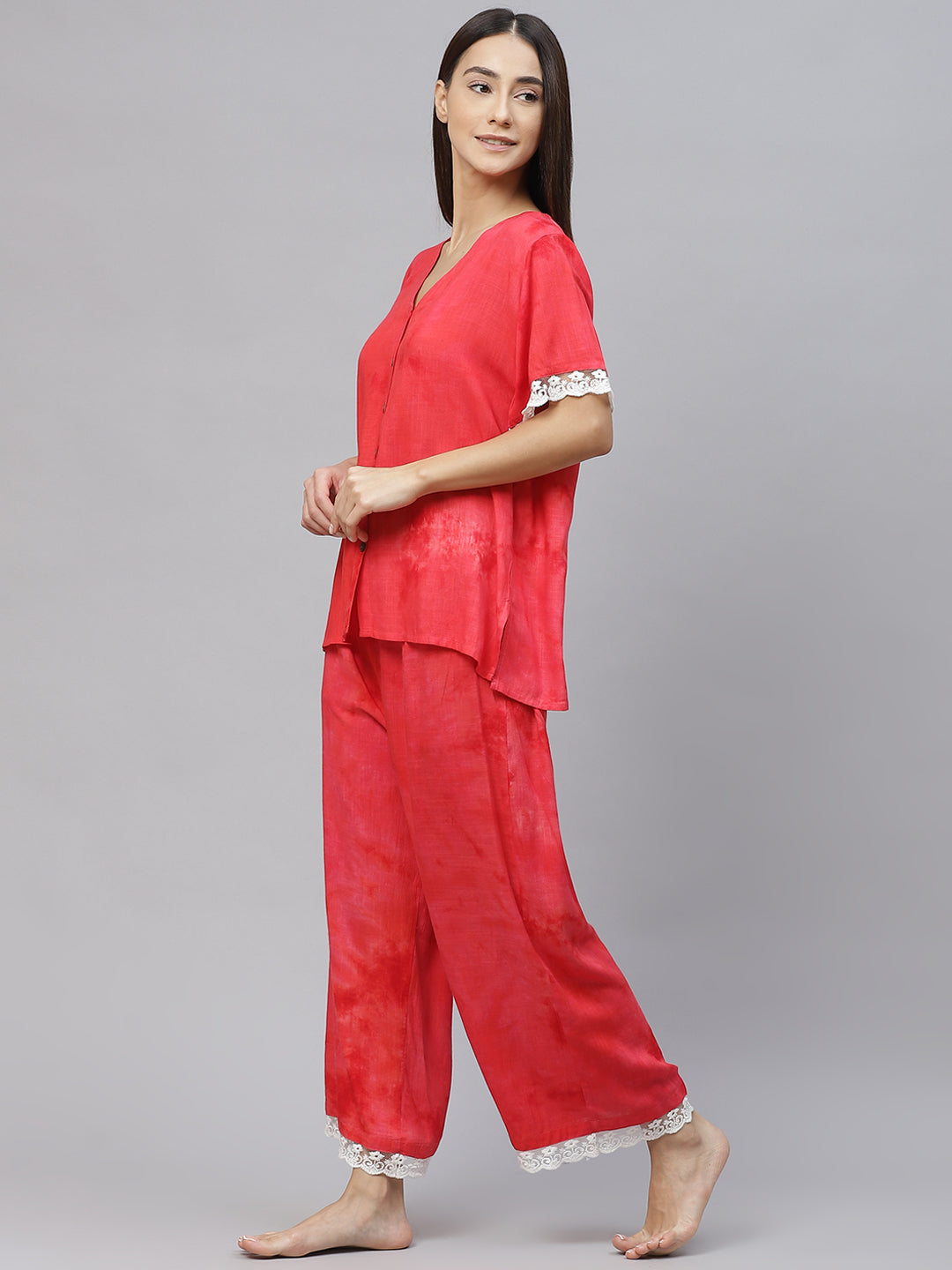 Women Red Dyed Lace Inserts Pyjama Set