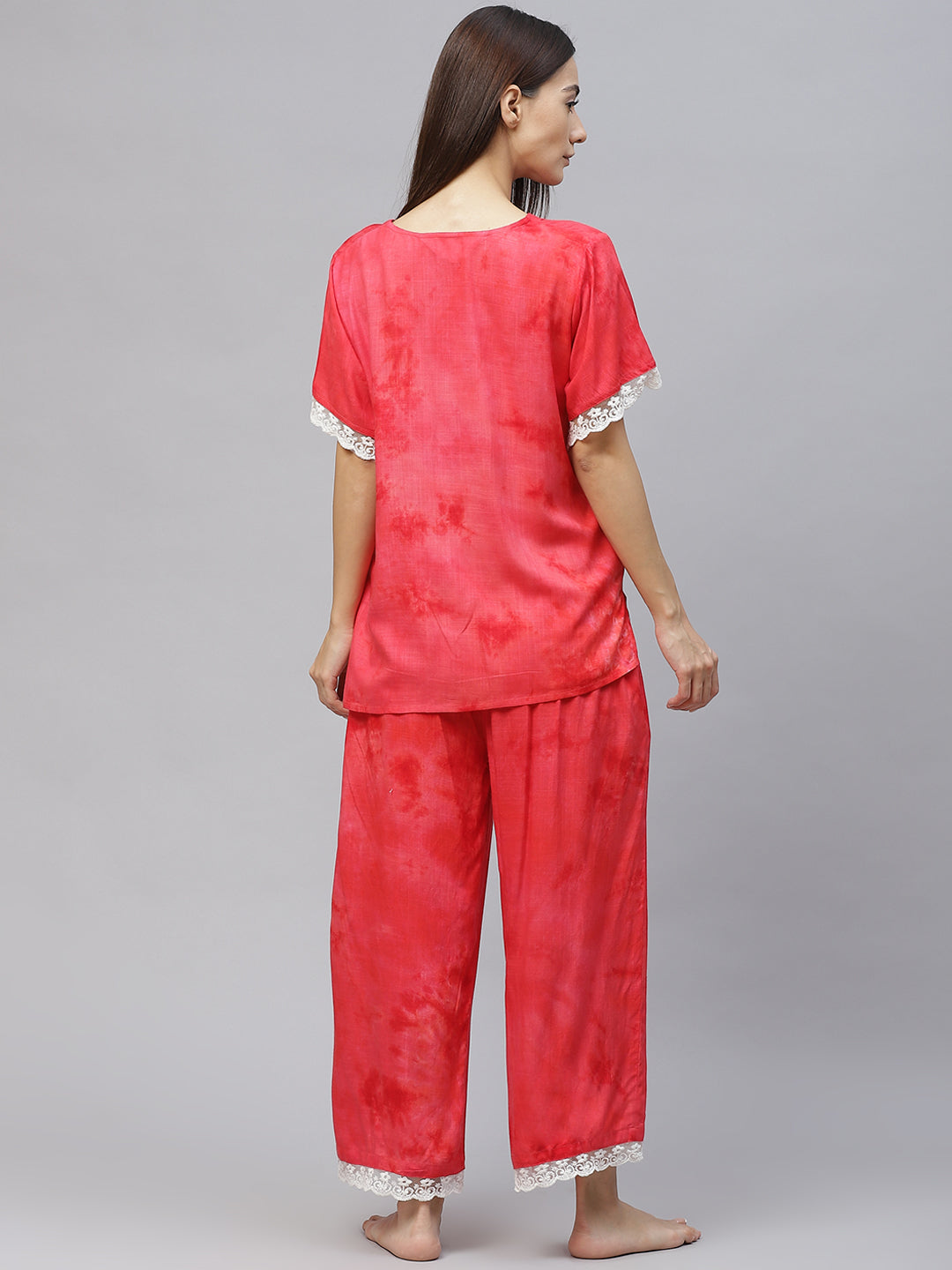 Women Red Dyed Lace Inserts Pyjama Set