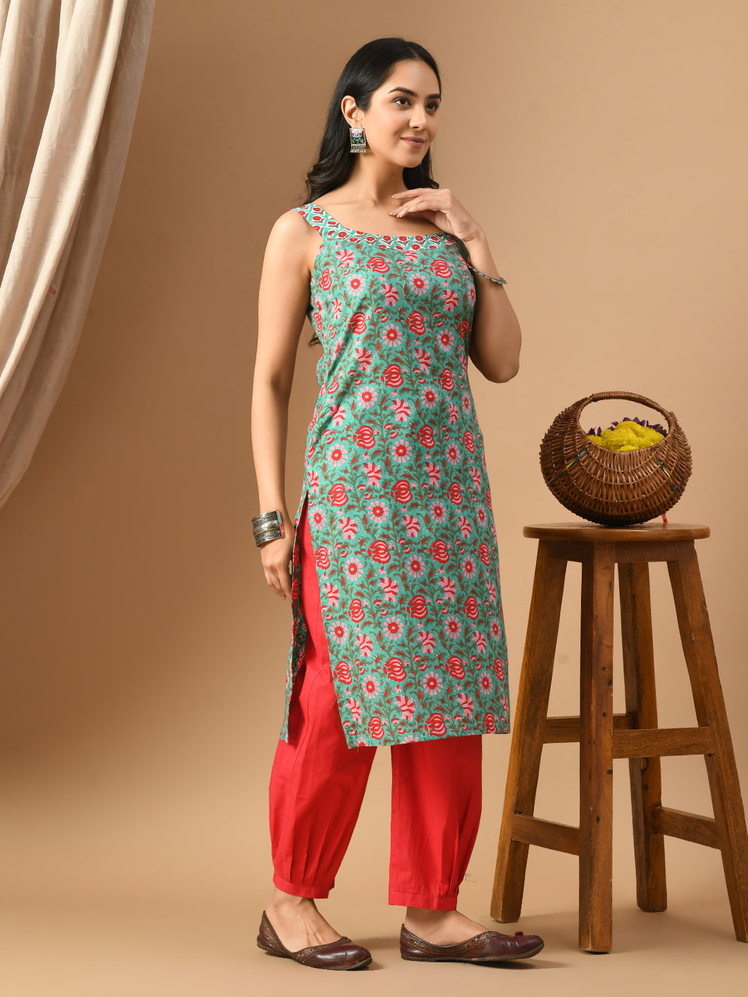 Pure Cotton green floral sleeveless kurta