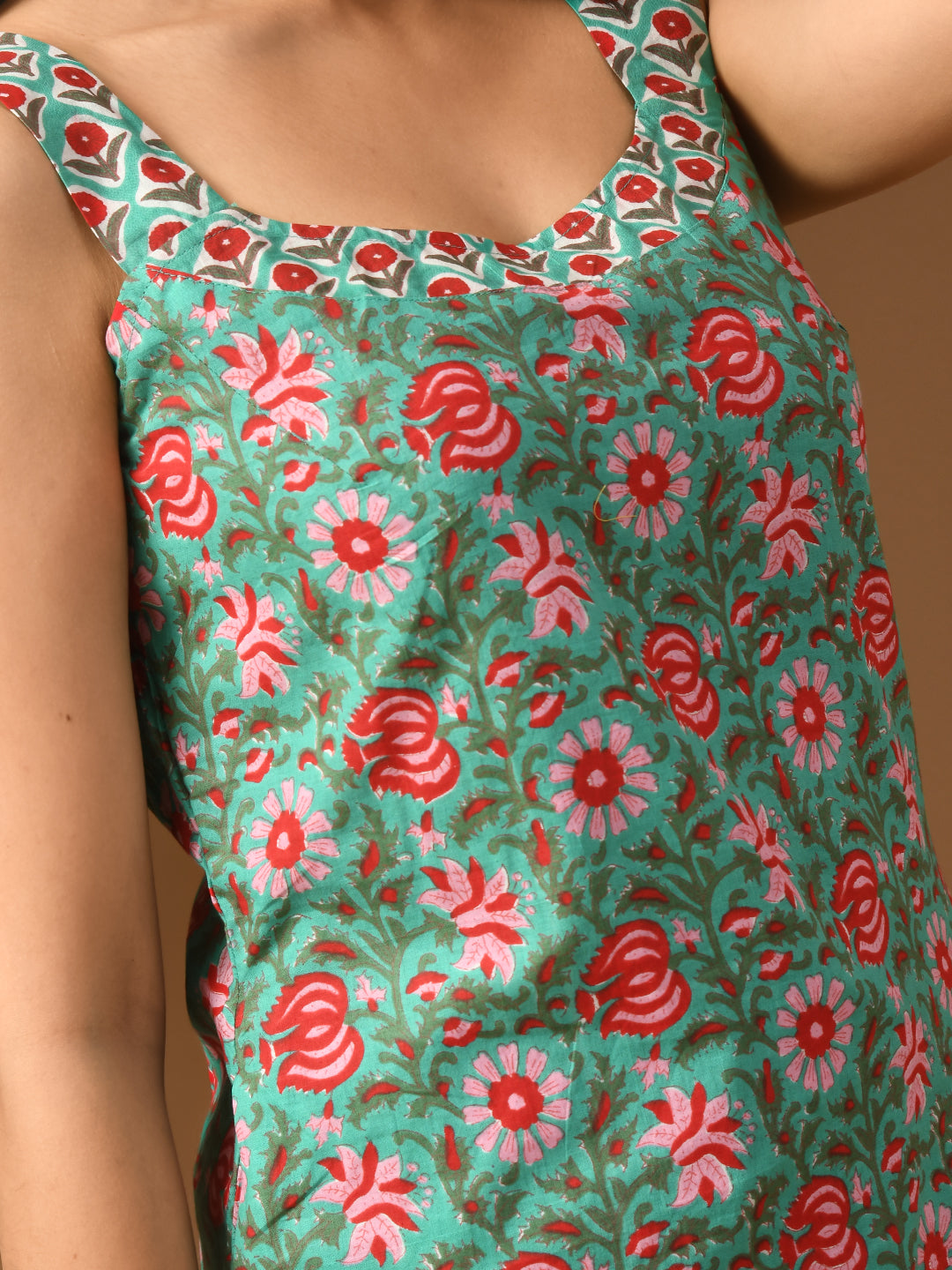 Pure Cotton green floral sleeveless kurta