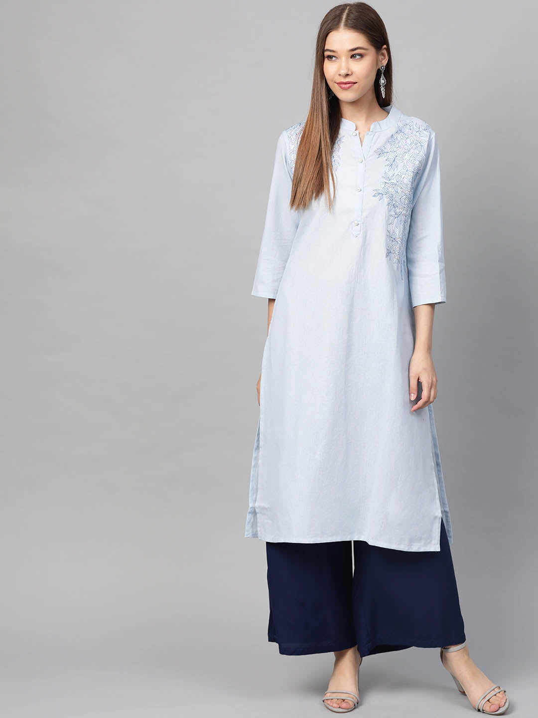 Women Blue Yoke Design Straight Sustainable Kurta