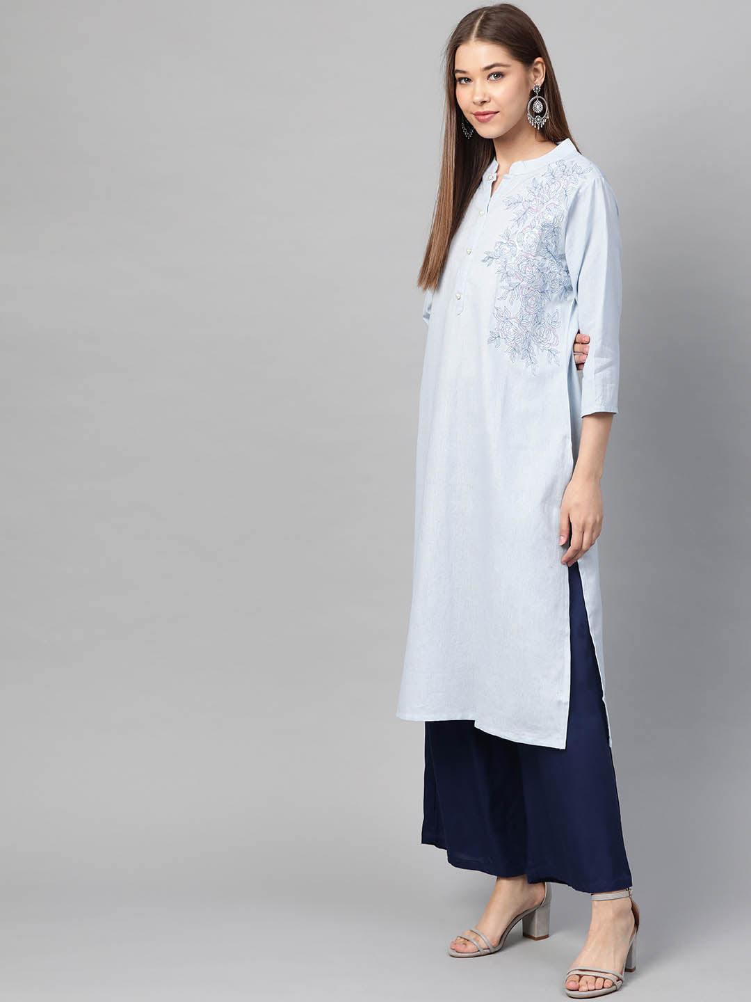 Women Blue Yoke Design Straight Sustainable Kurta