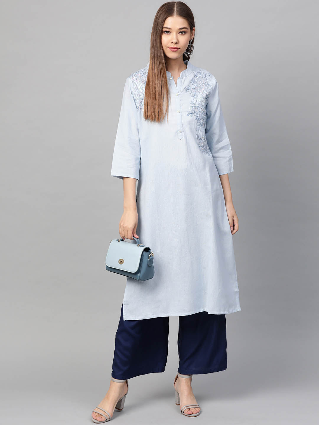 Women Blue Yoke Design Straight Sustainable Kurta