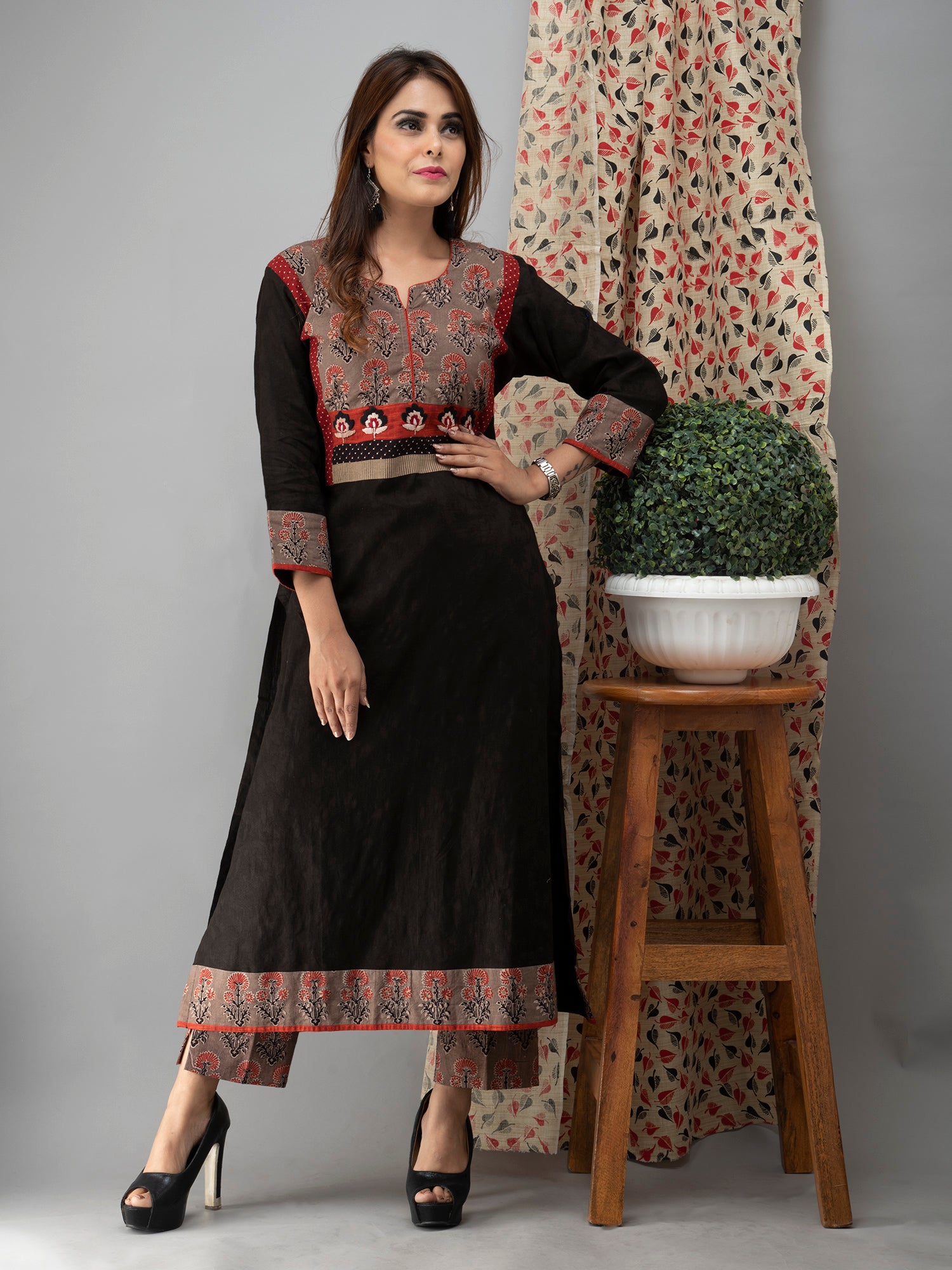 Hand Embroidered Black Kurta WithAjrakh Pants And Dupatta- Set of 3