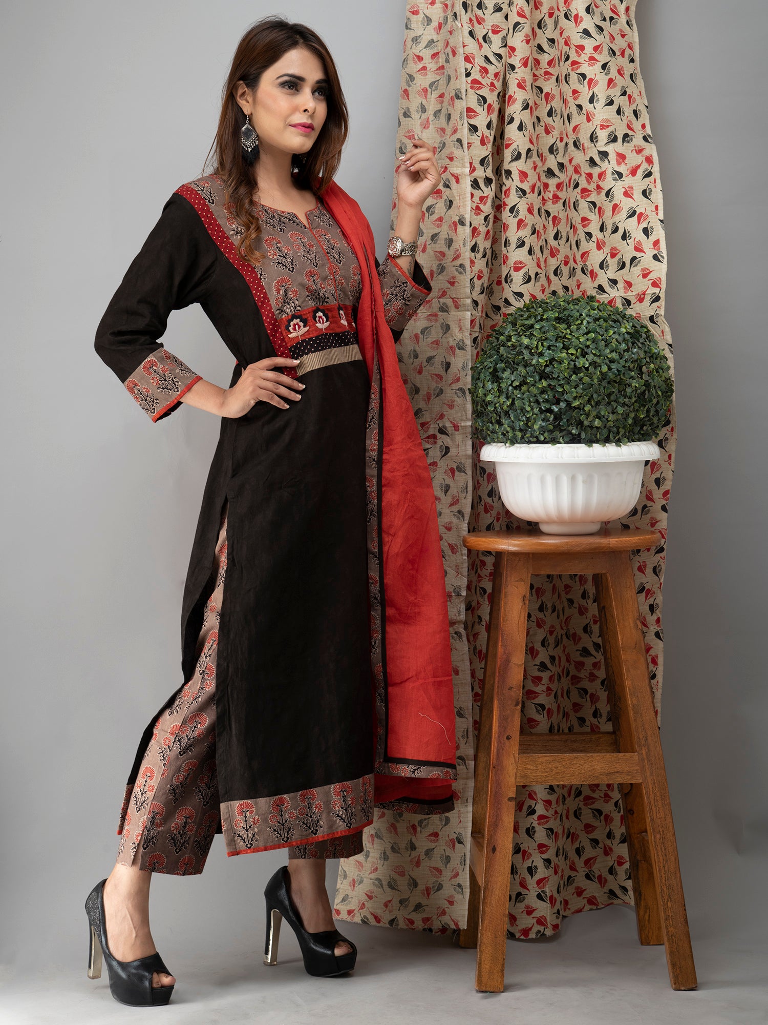 Hand Embroidered Black Kurta WithAjrakh Pants And Dupatta- Set of 3