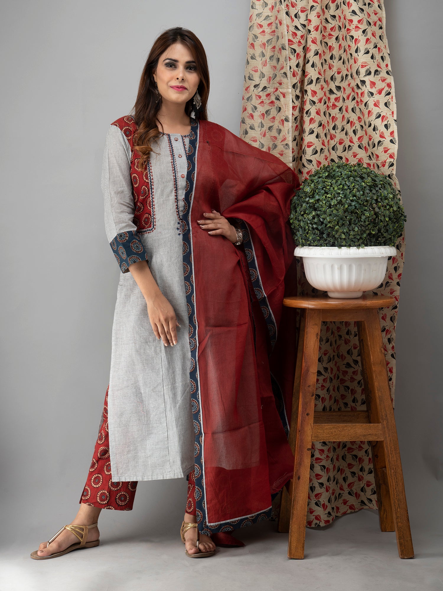 Hand Embroidered Grey  Kurta With Ajrakh Pants