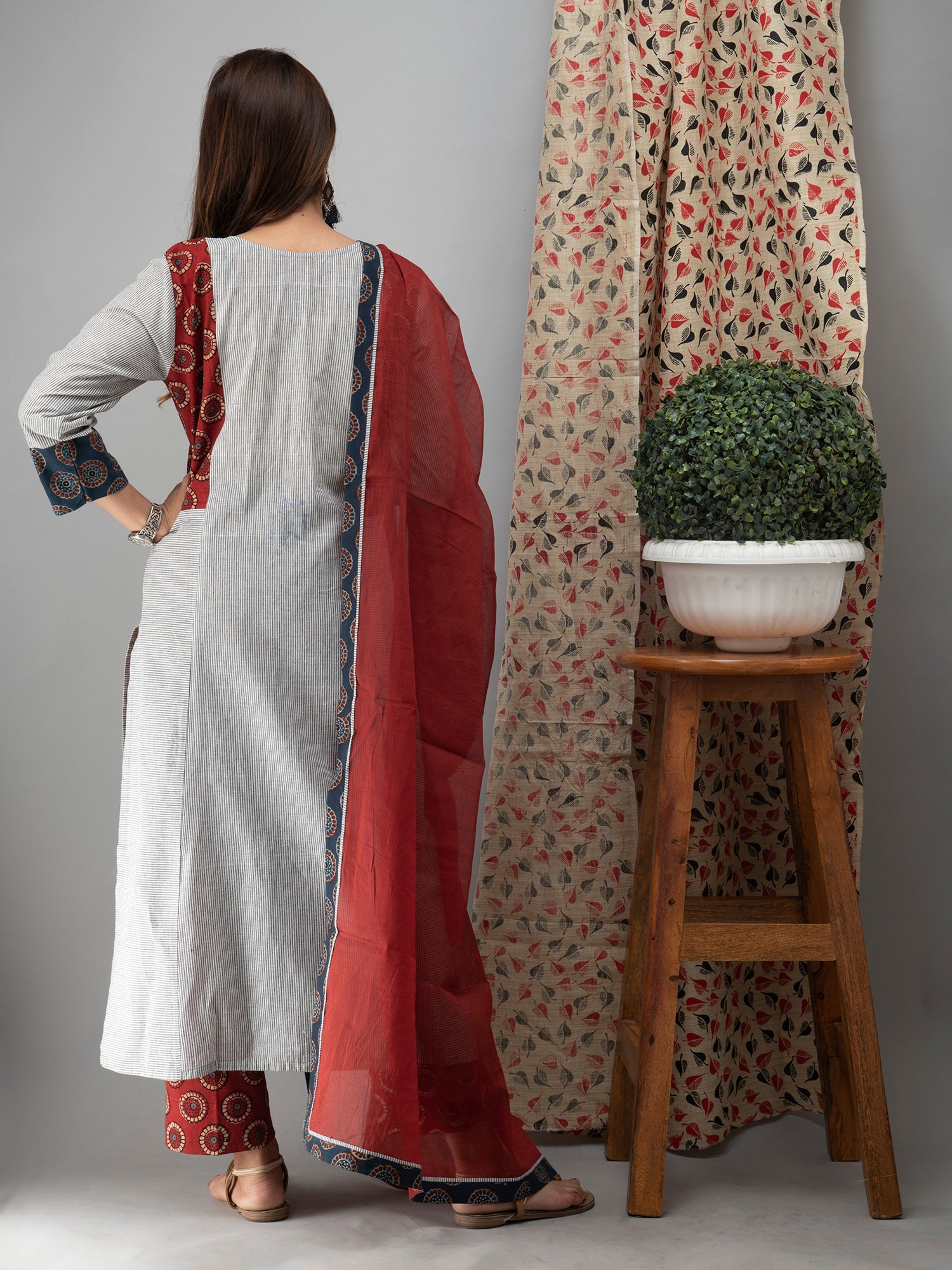 Hand Embroidered Grey  Kurta With Ajrakh Pants