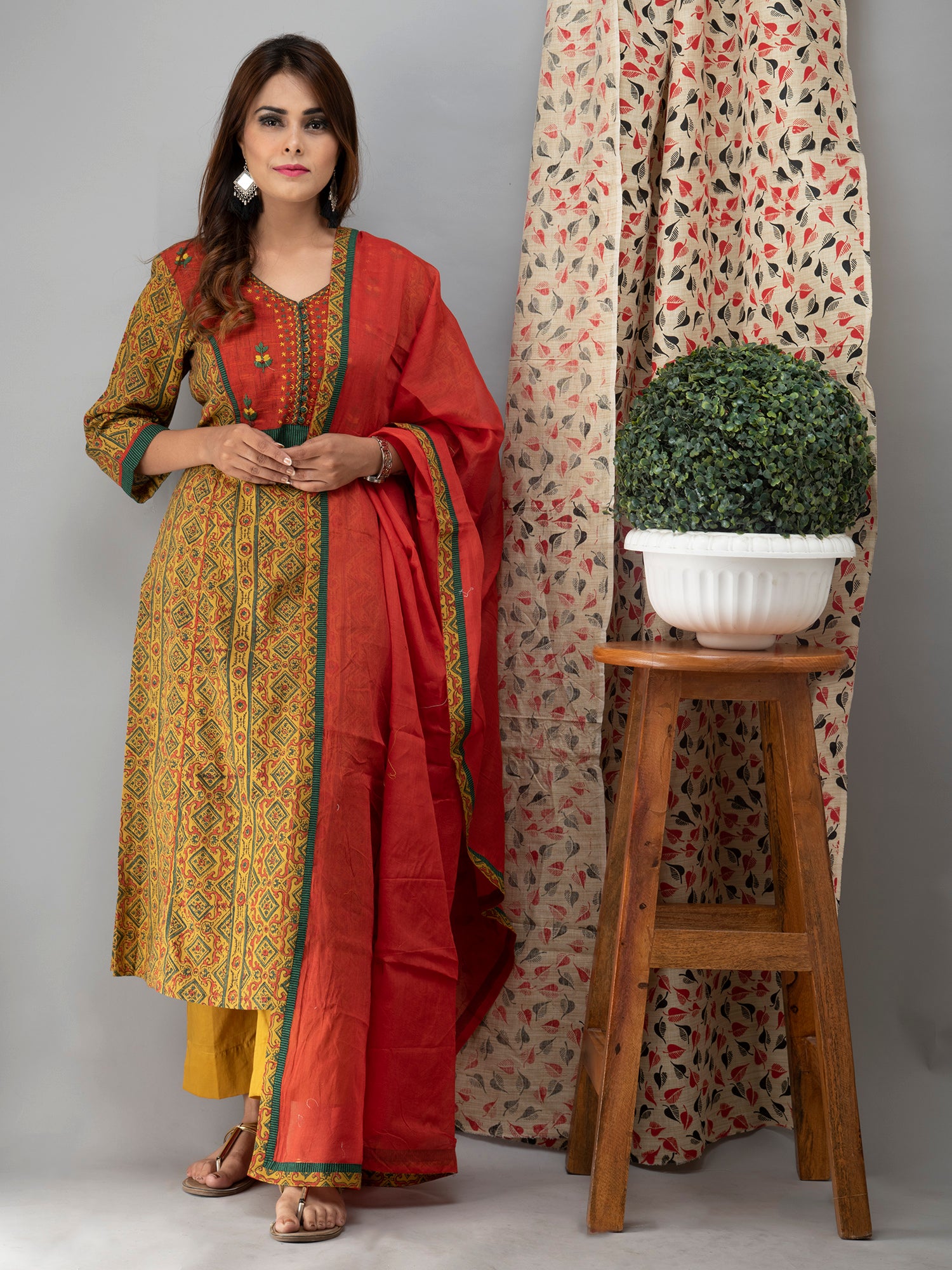 Hand Embroidered Mustard Ajrakh Kurta With Pants And Dupatta