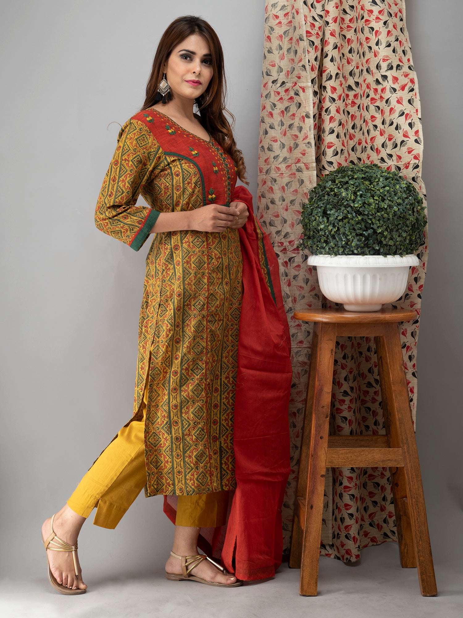 Hand Embroidered Mustard Ajrakh Kurta With Pants And Dupatta