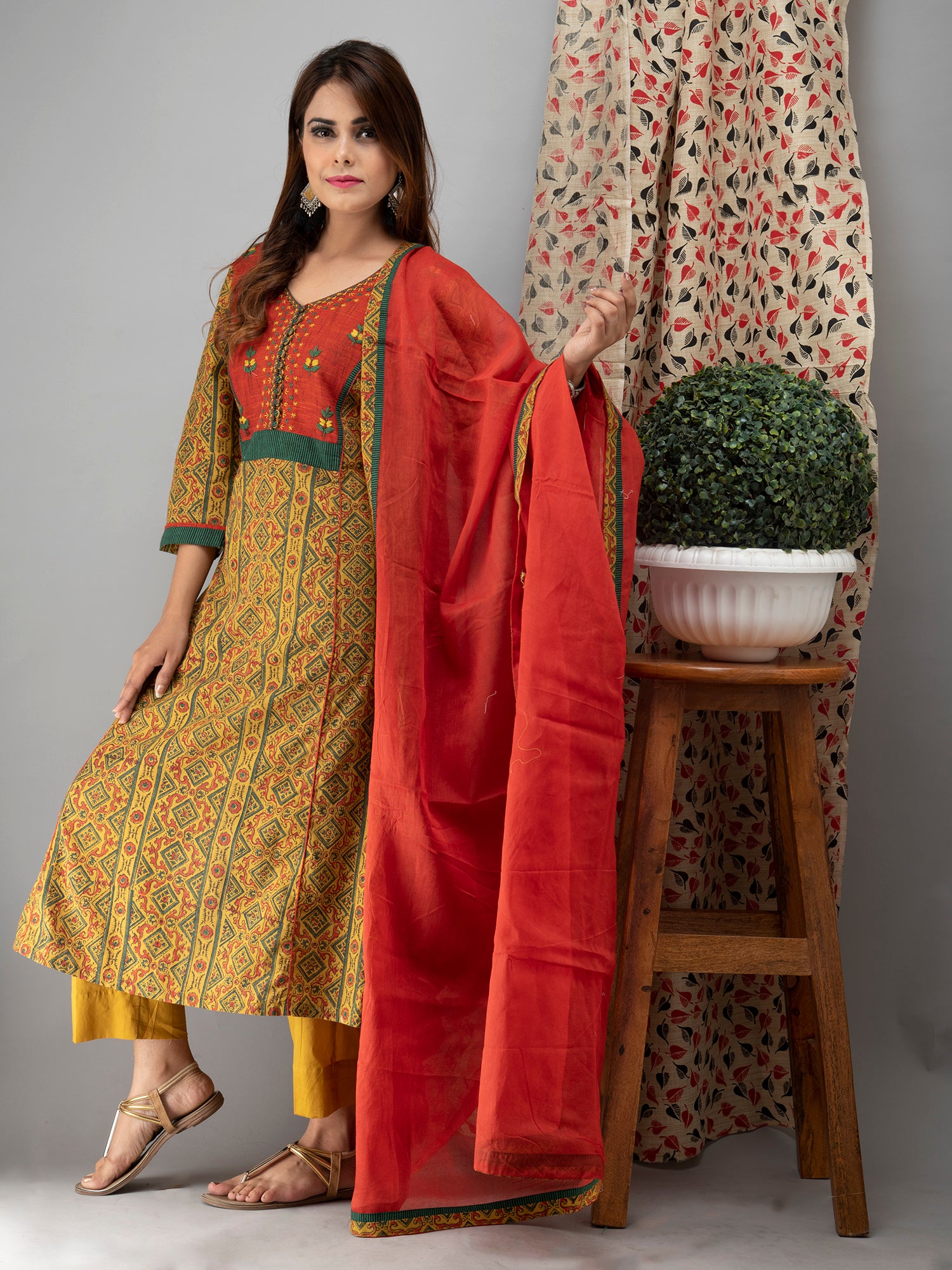 Hand Embroidered Mustard Ajrakh Kurta With Pants And Dupatta