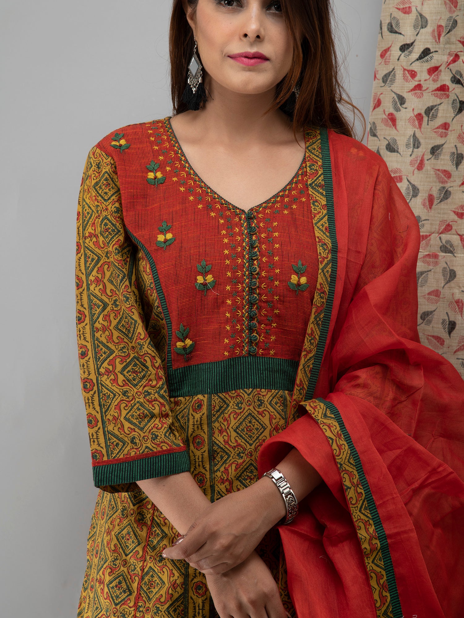 Hand Embroidered Mustard Ajrakh Kurta With Pants And Dupatta