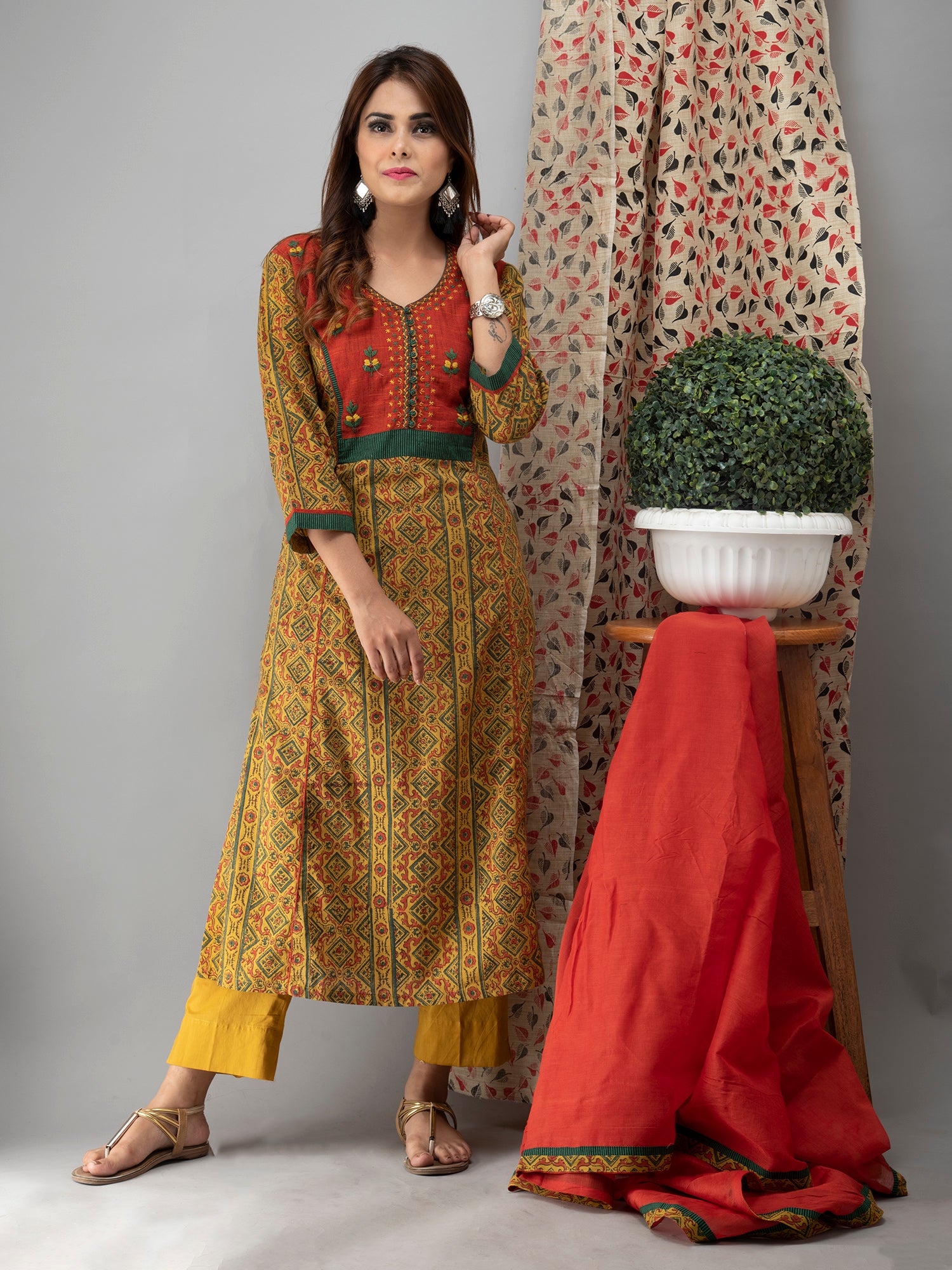 Hand Embroidered Mustard Ajrakh Kurta With Pants And Dupatta