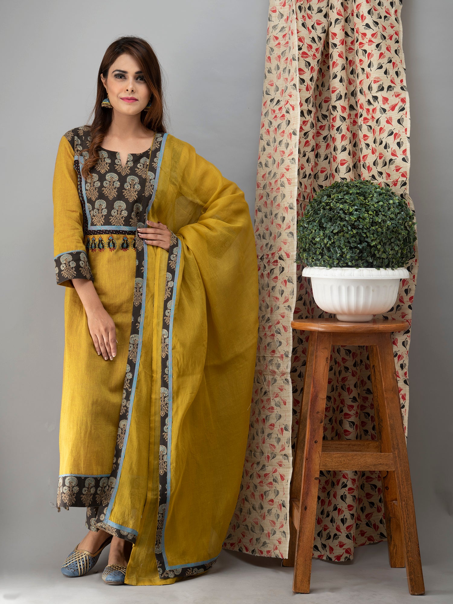 Hand Embroidered Corn Yellow  Kurta with Ajrakh Pants and  Cotton Dupatta