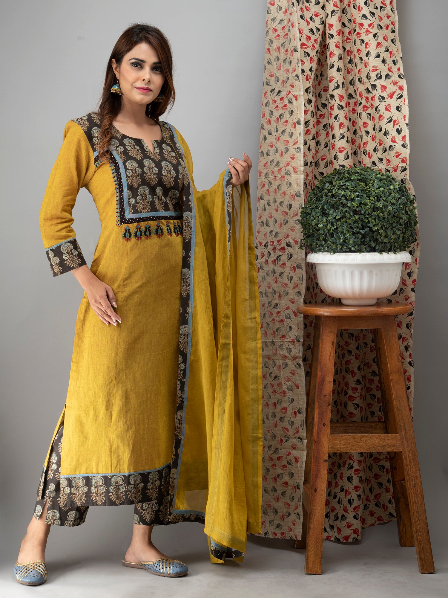 Hand Embroidered Corn Yellow  Kurta with Ajrakh Pants and  Cotton Dupatta