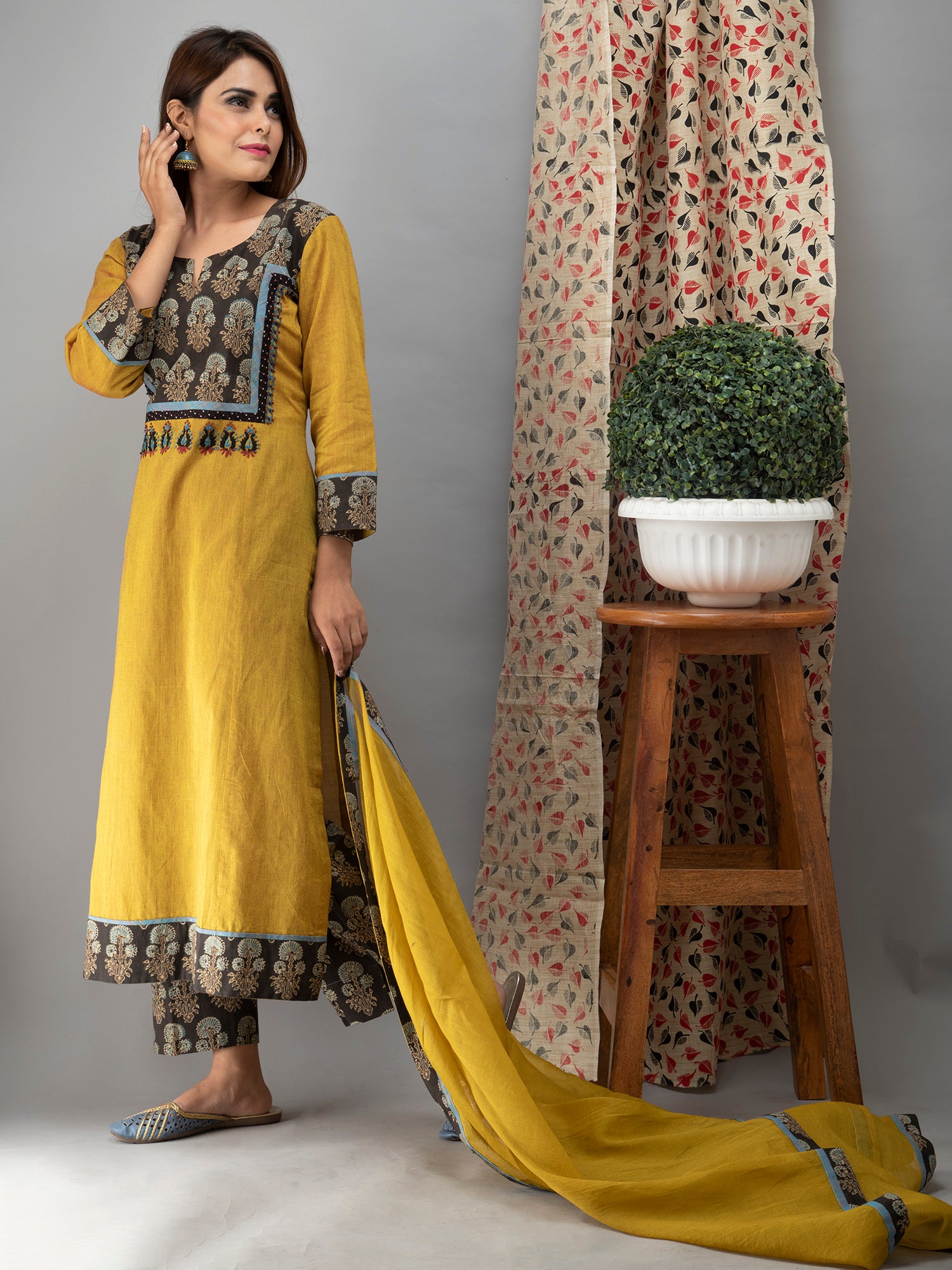 Hand Embroidered Corn Yellow  Kurta with Ajrakh Pants and  Cotton Dupatta