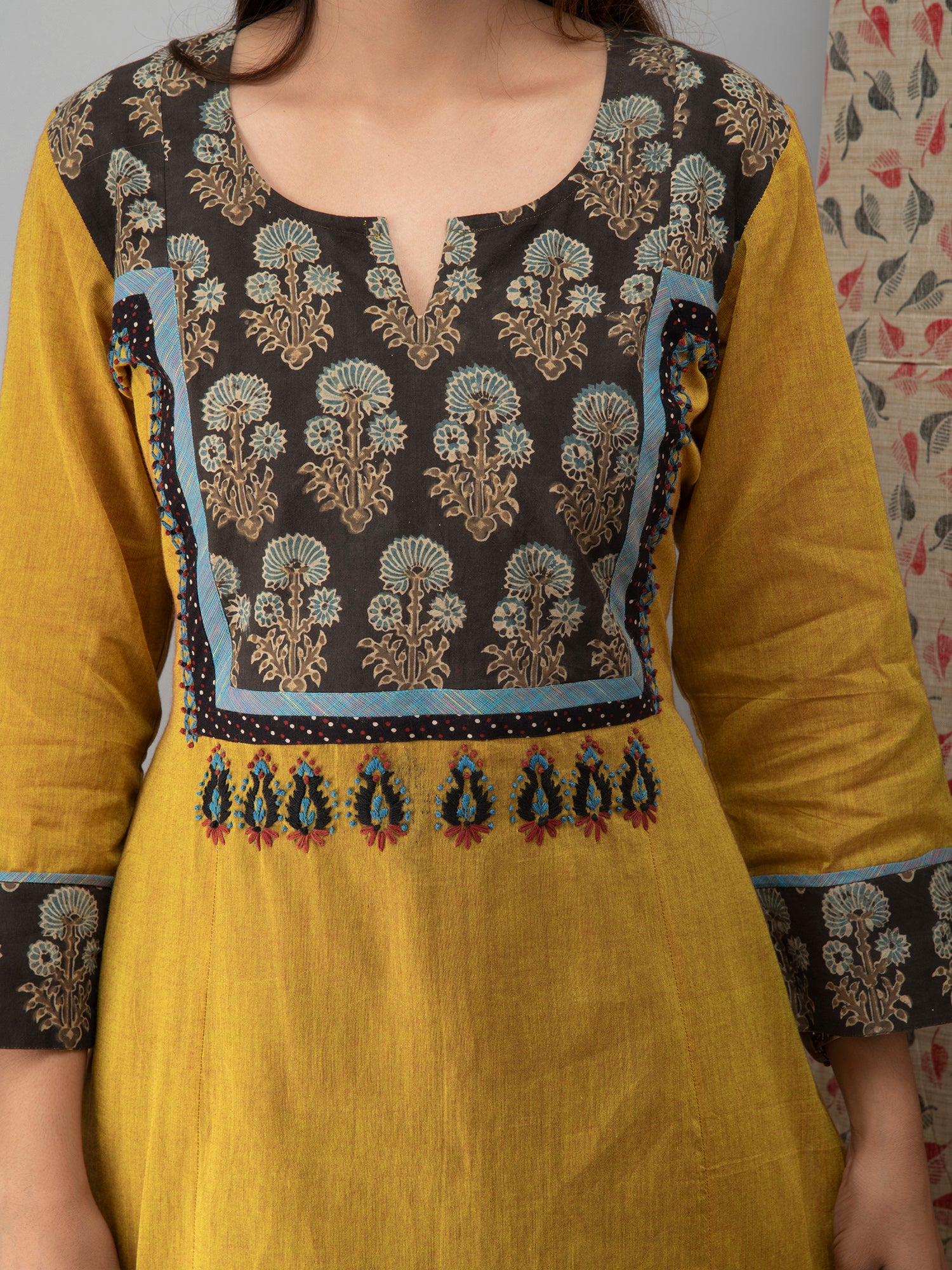 Hand Embroidered Corn Yellow  Kurta with Ajrakh Pants and  Cotton Dupatta