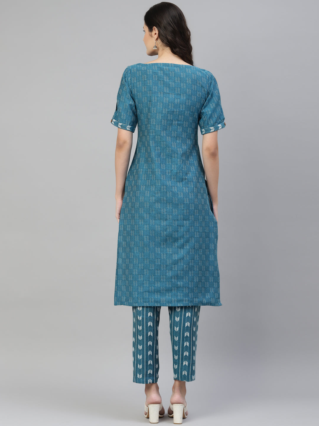 Women Teal Printed Pure Cotton Kurta with Trousers