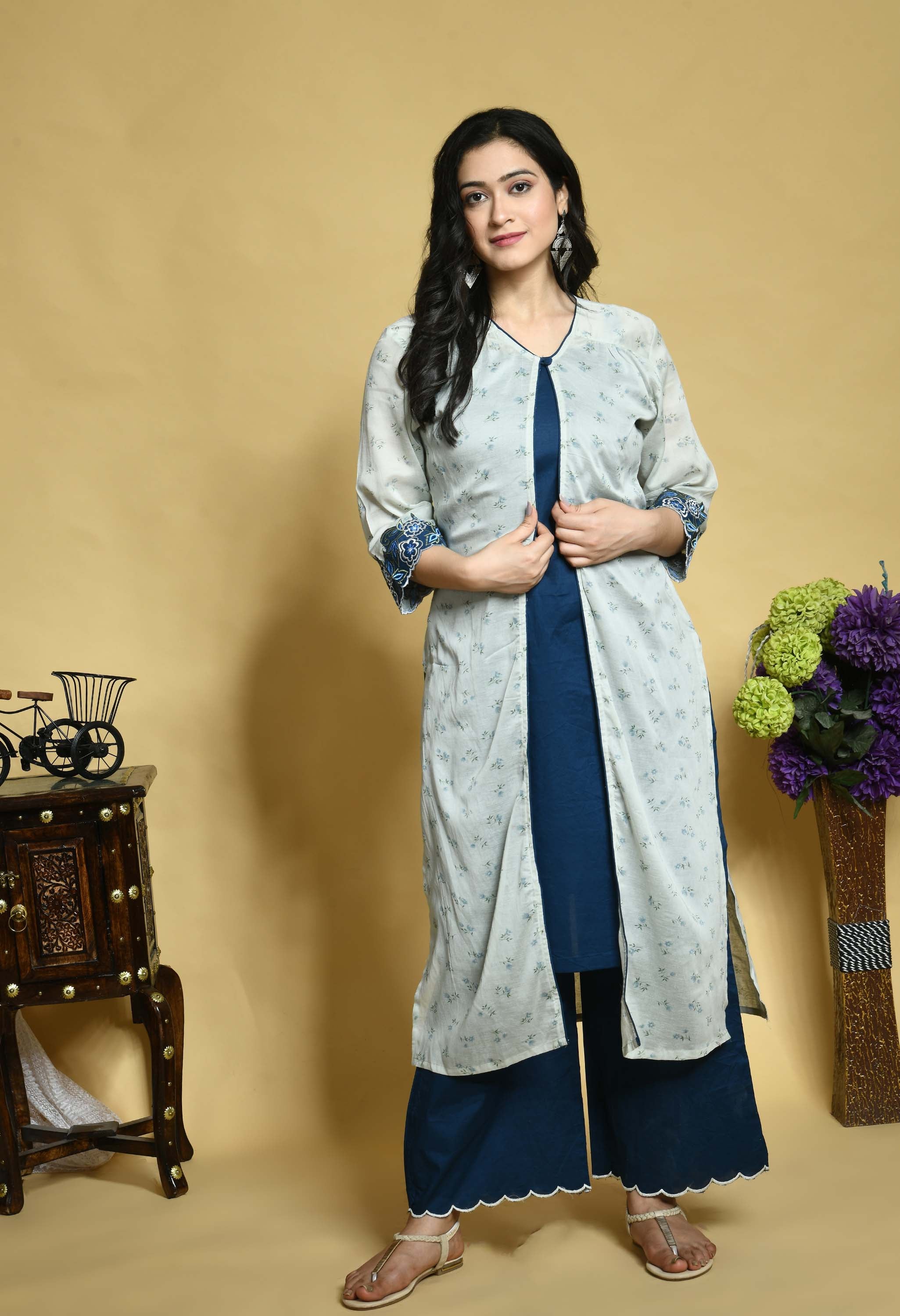 Teal Blue Kurta-Palazzo Set with an Overlay