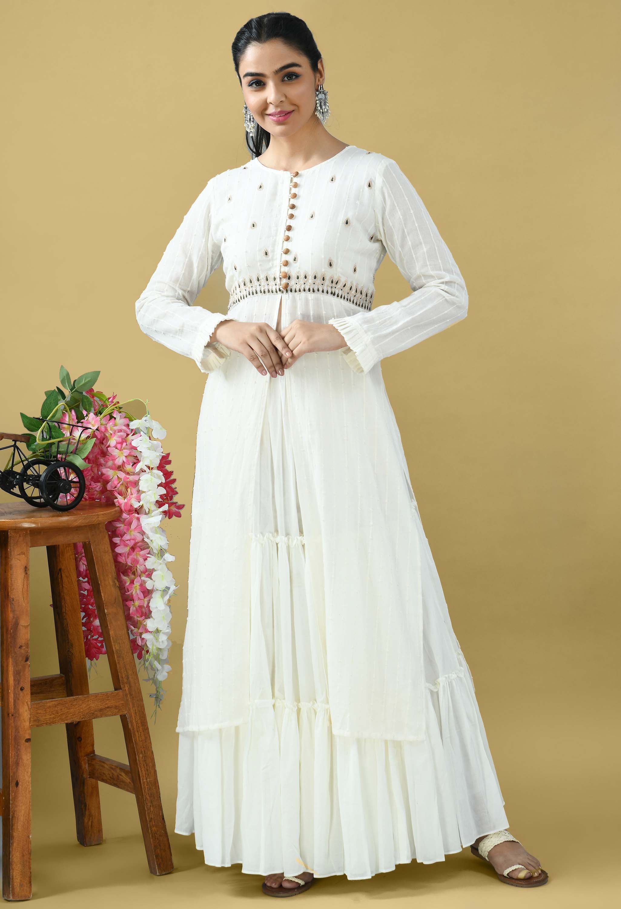 Pure cotton embroidered kurta with skirt set of 3