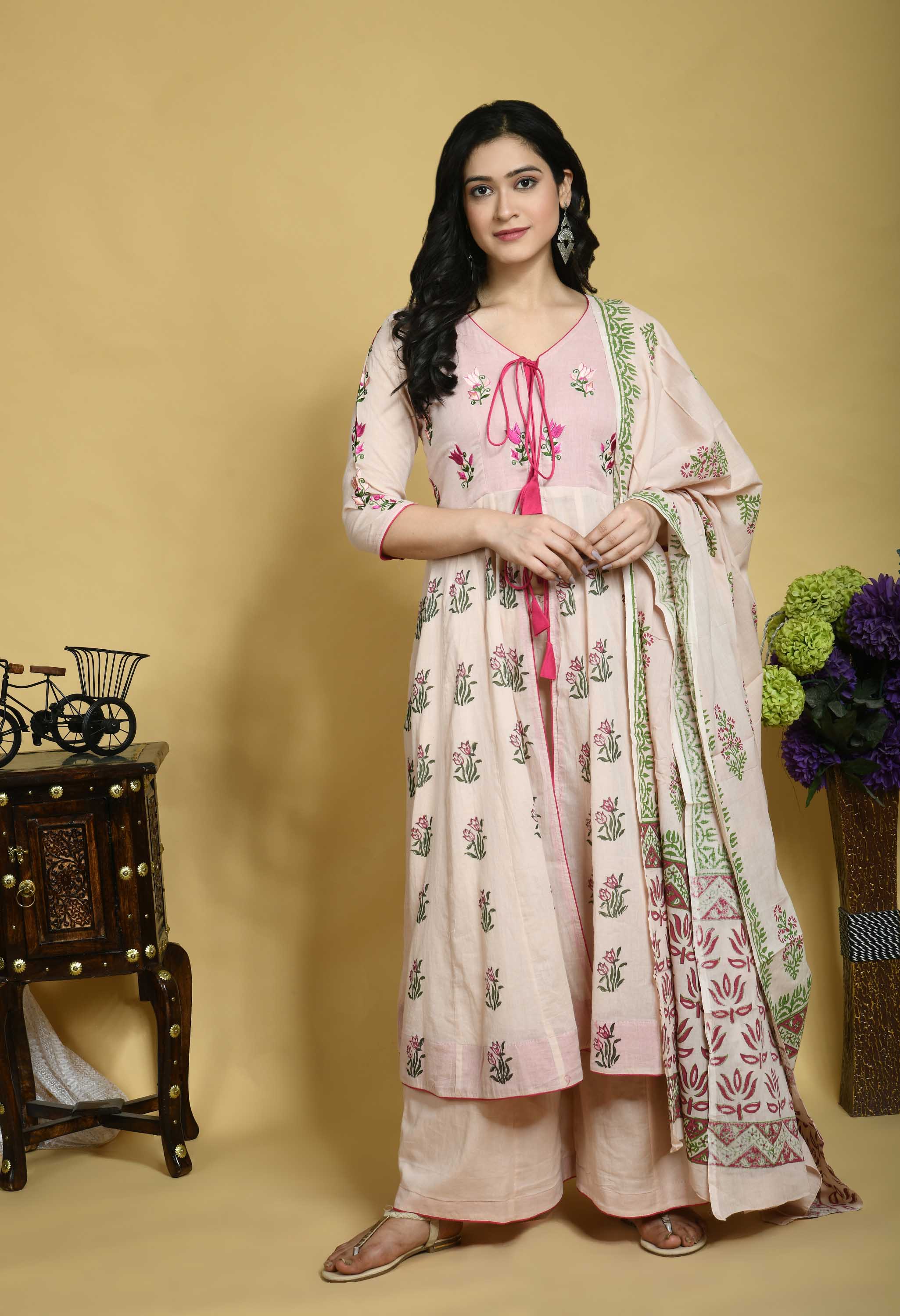 Pink mul mul embroidered Handblock printed Anarkali kurta set of 3