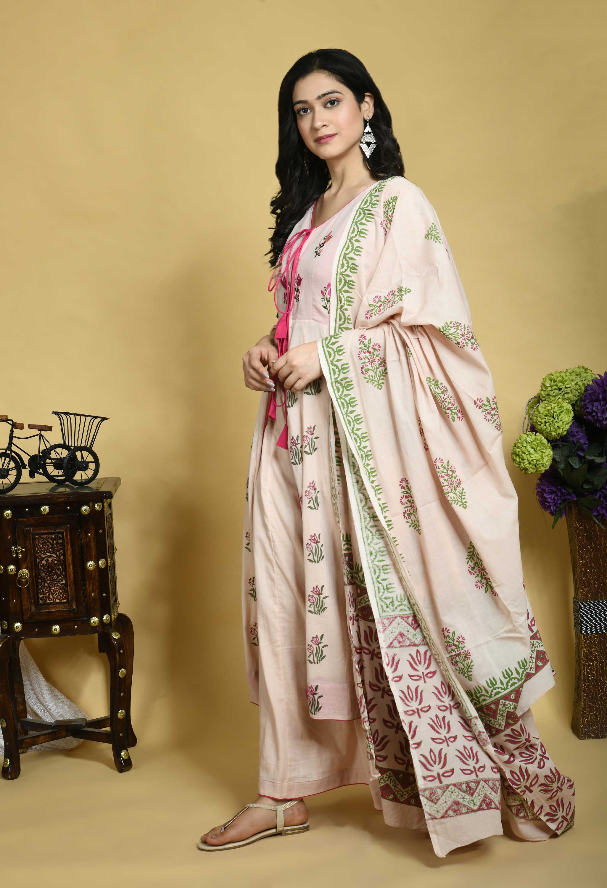 Pink mul mul embroidered Handblock printed Anarkali kurta set of 3