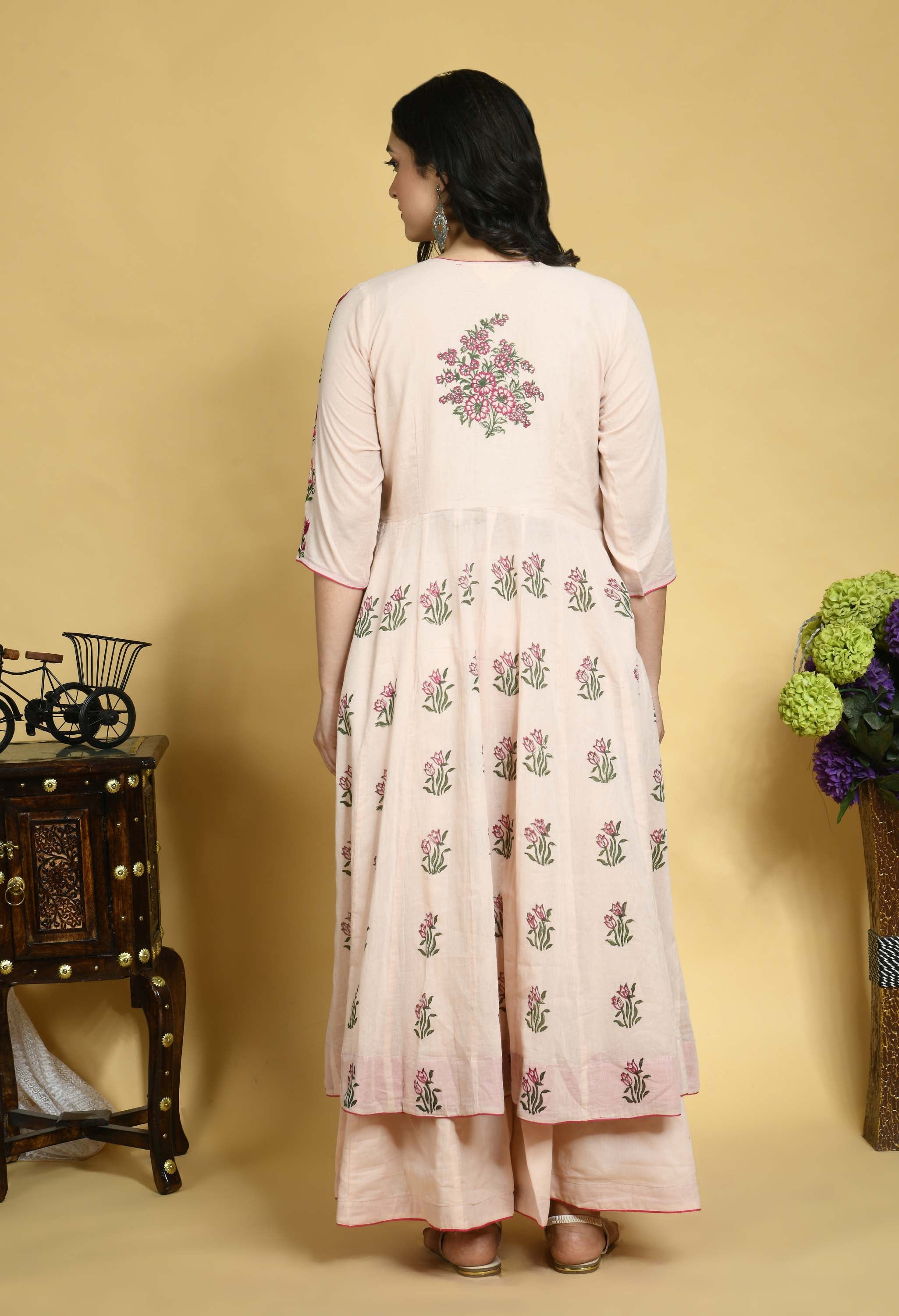 Pink mul mul embroidered Handblock printed Anarkali kurta set of 3