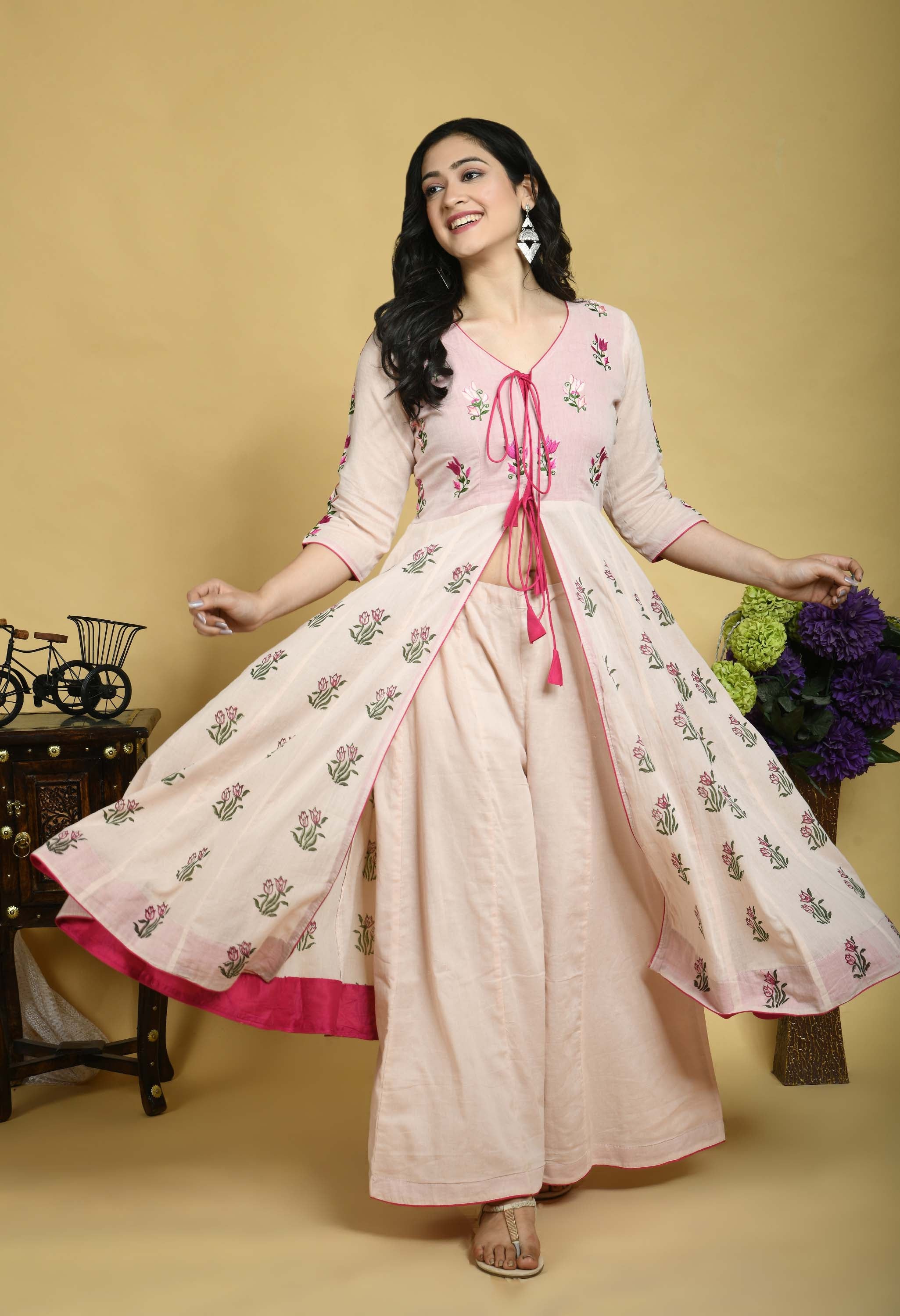 Pink mul mul embroidered Handblock printed Anarkali kurta set of 3