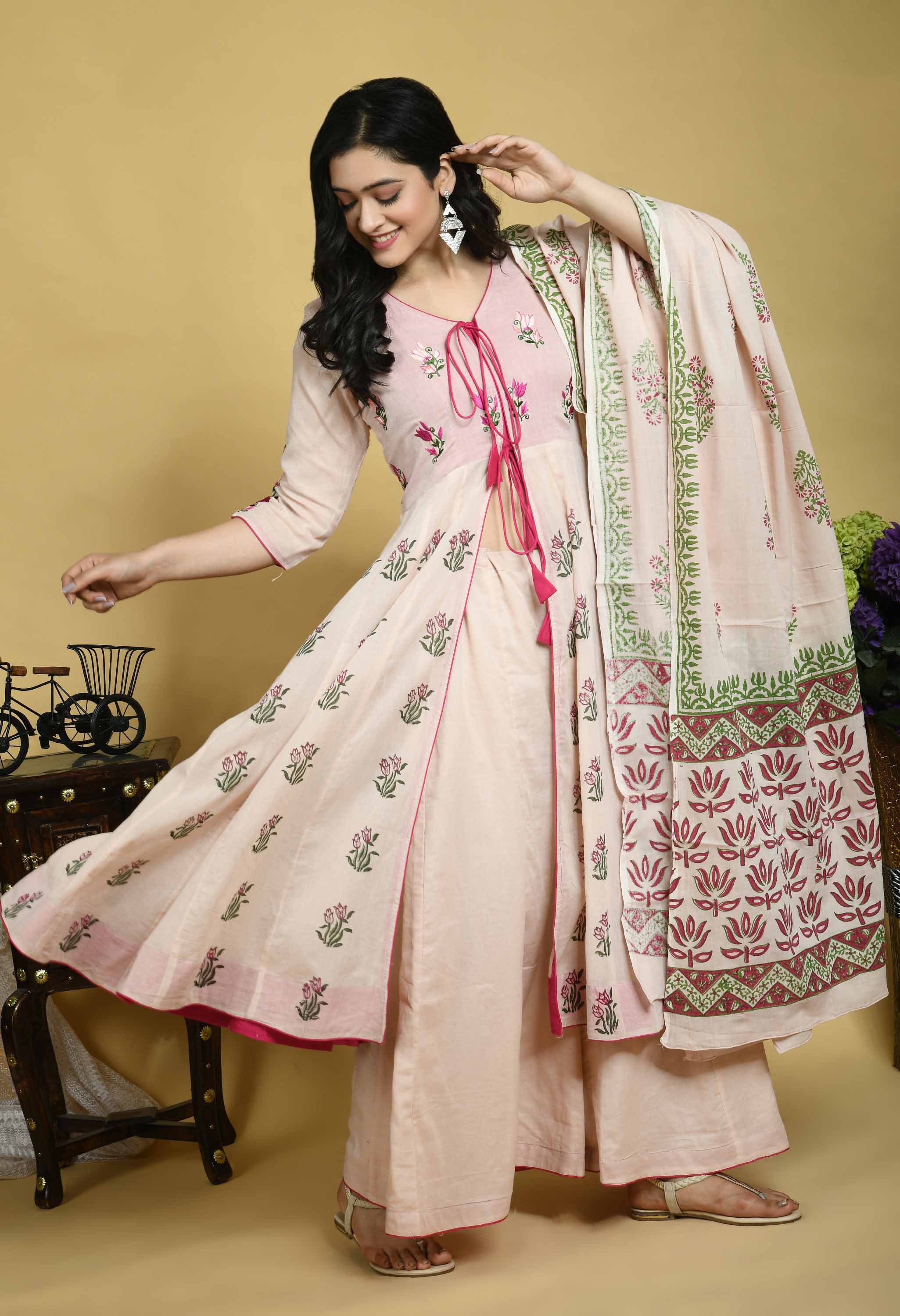 Pink mul mul embroidered Handblock printed Anarkali kurta set of 3