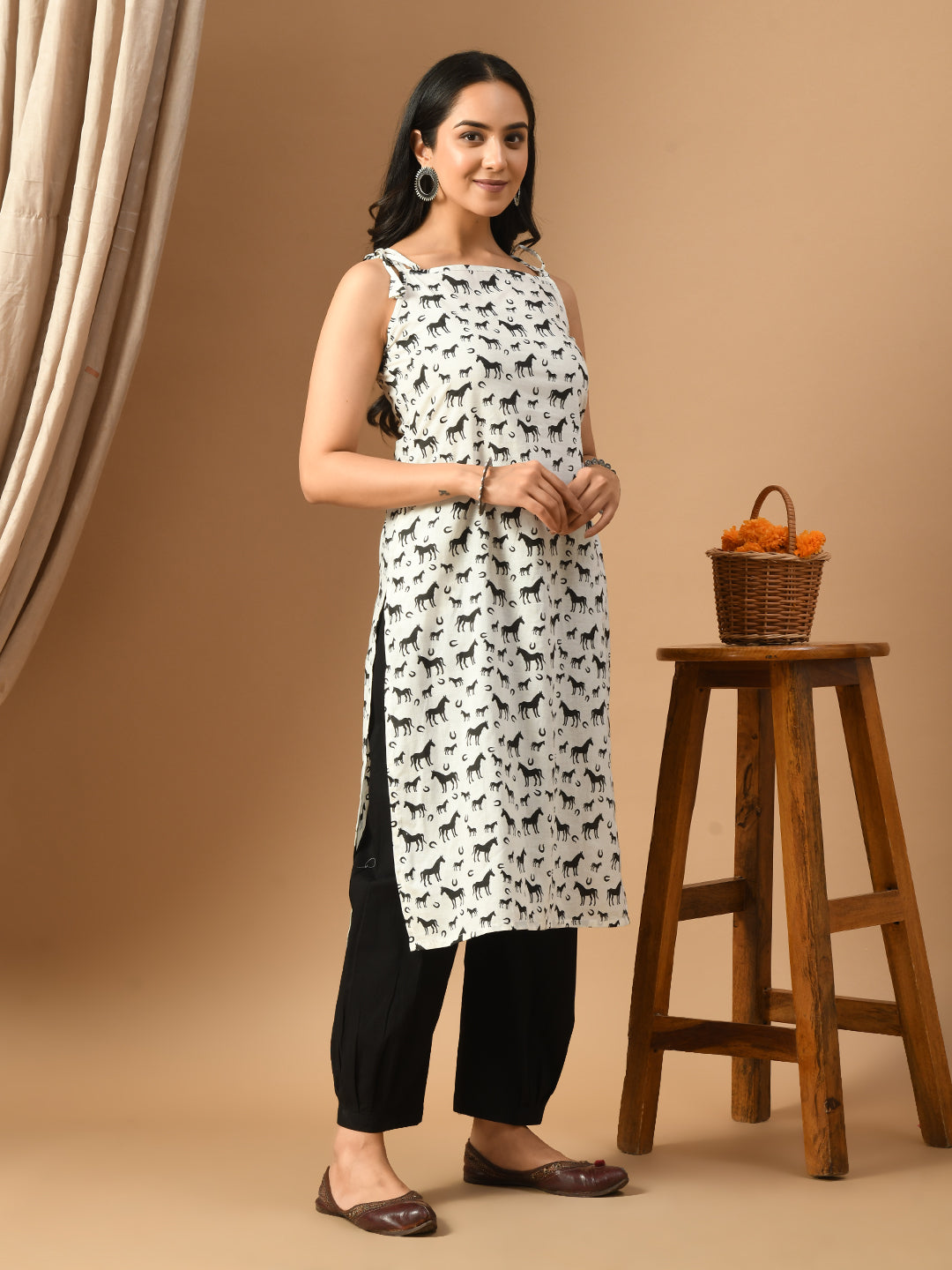 Pure Cotton Horse print  kurta with straps