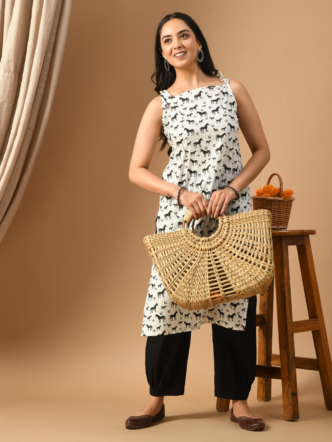 Pure Cotton Horse print  kurta with straps