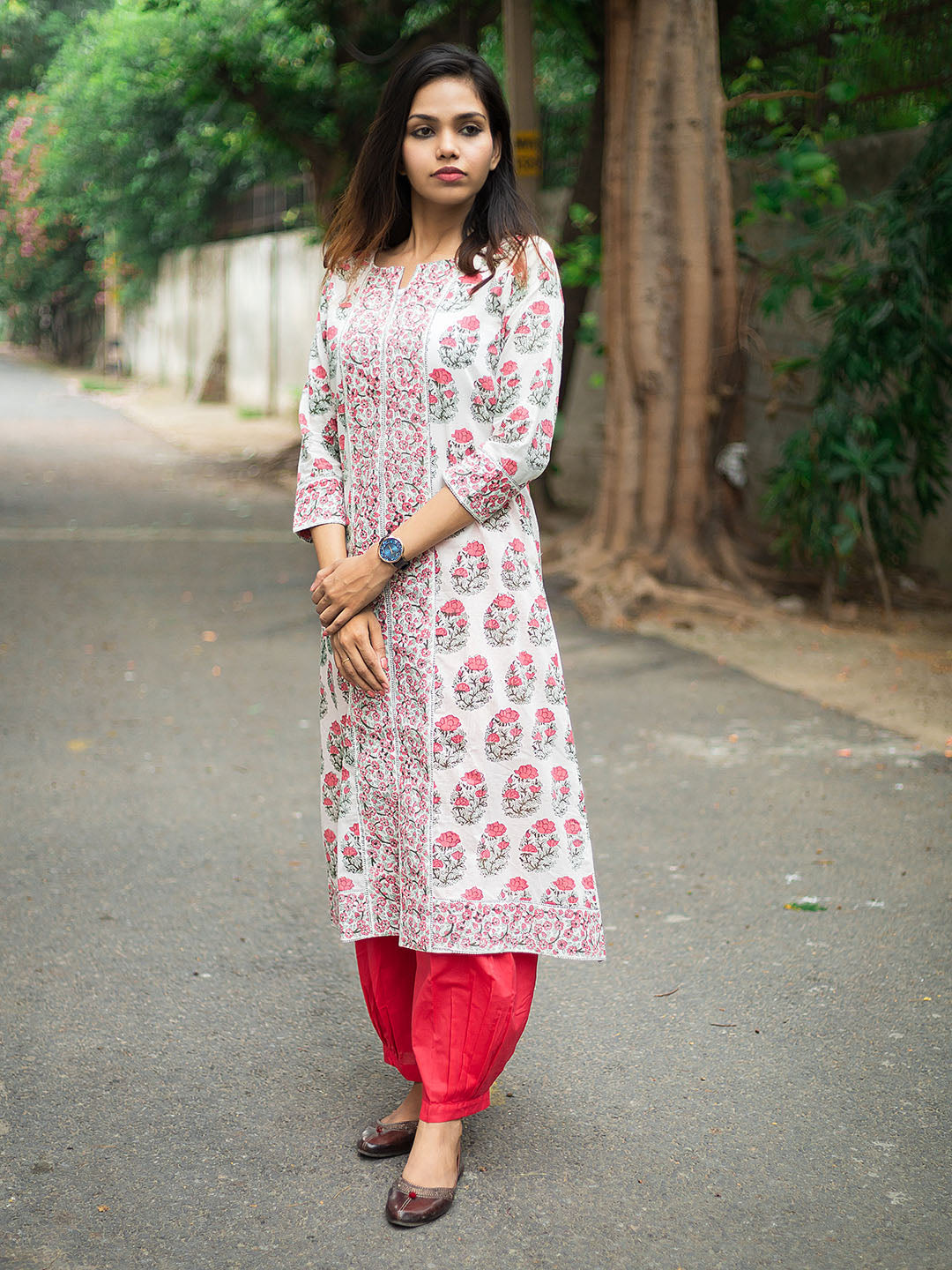 Handblock Printed Pink Boota on White Kurta