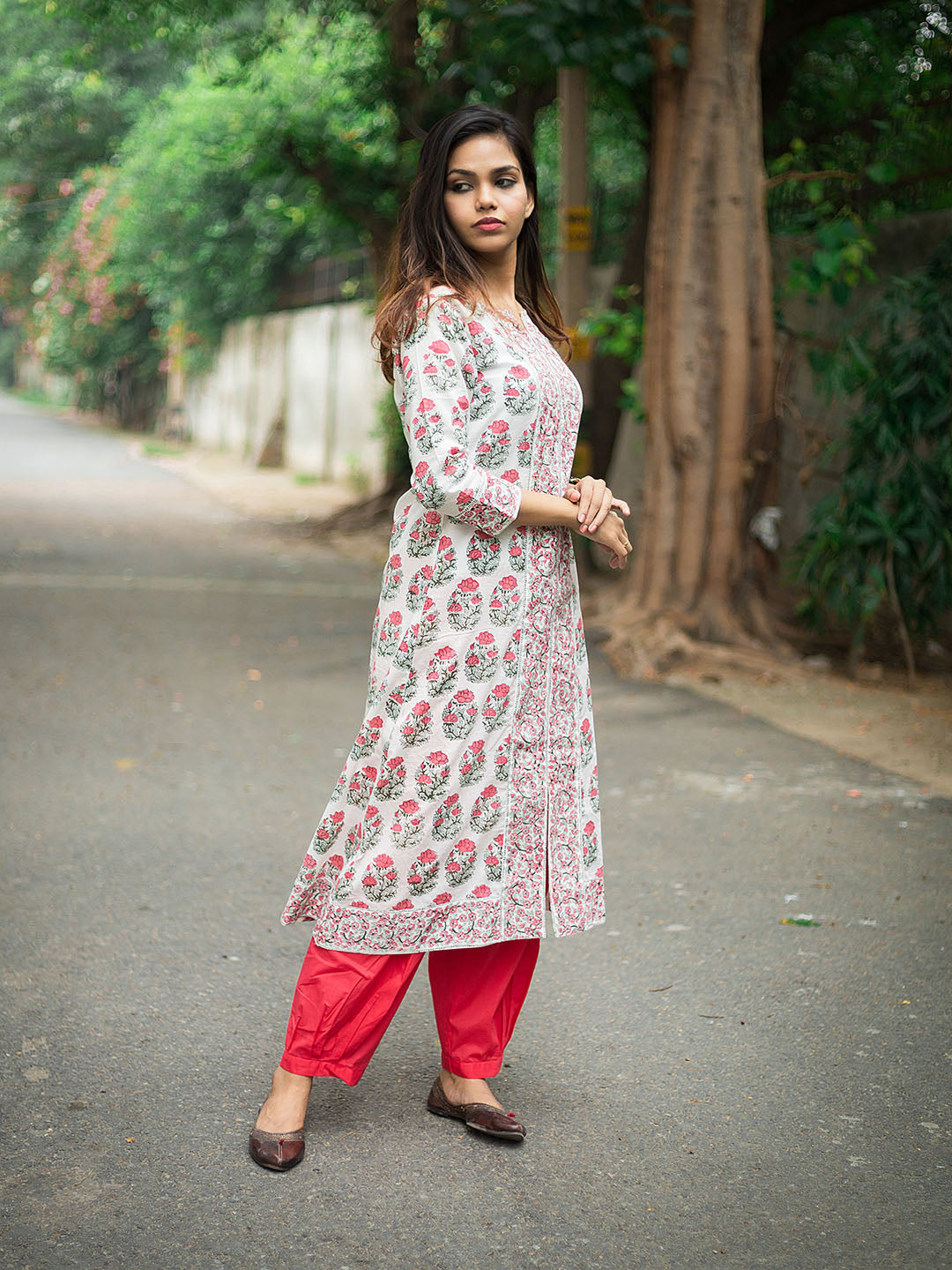 Handblock Printed Pink Boota on White Kurta