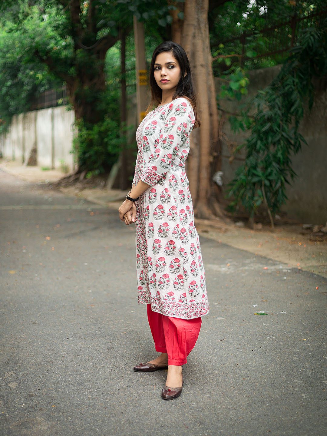 Handblock Printed Pink Boota on White Kurta