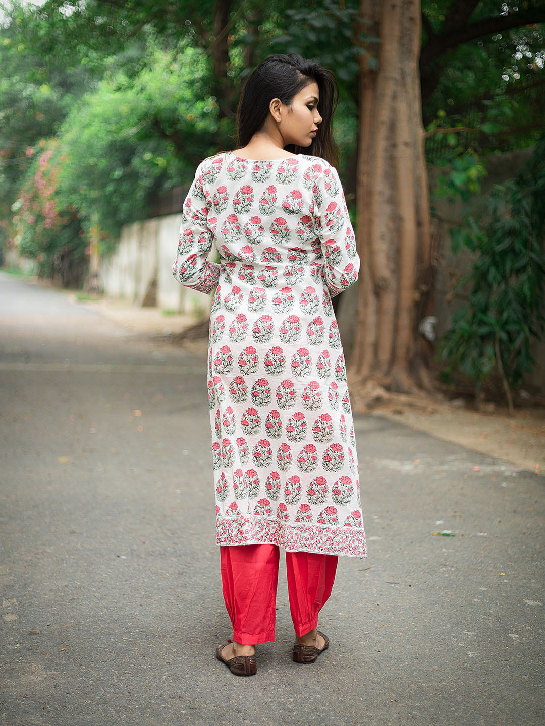 Handblock Printed Pink Boota on White Kurta