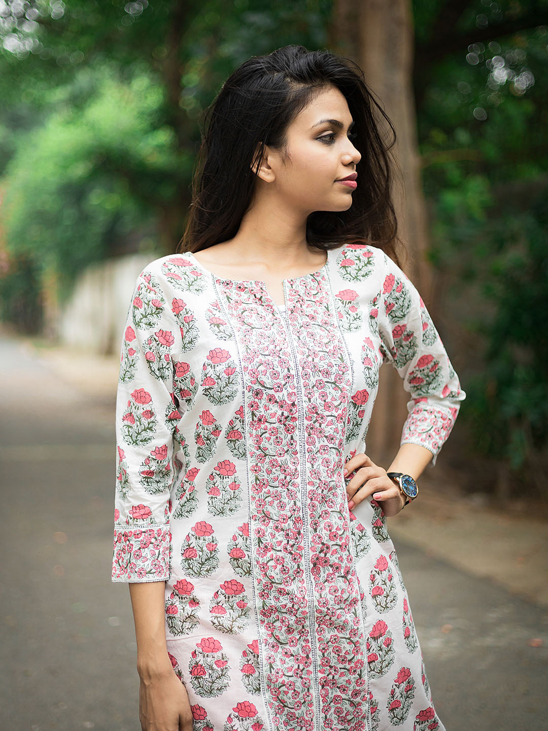 Handblock Printed Pink Boota on White Kurta