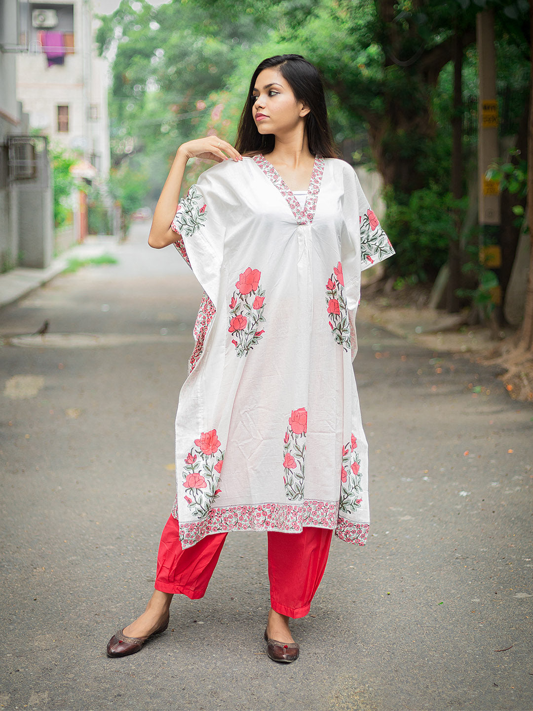 Handblock Printed Red Boota White Kaftan Kurta