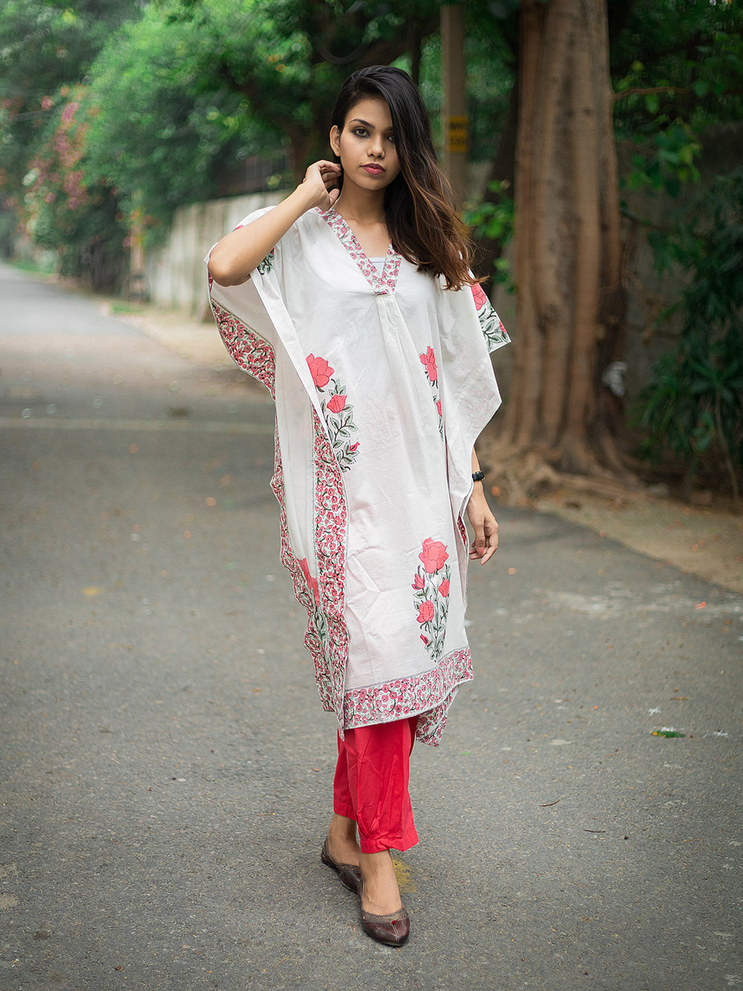 Handblock Printed Red Boota White Kaftan Kurta