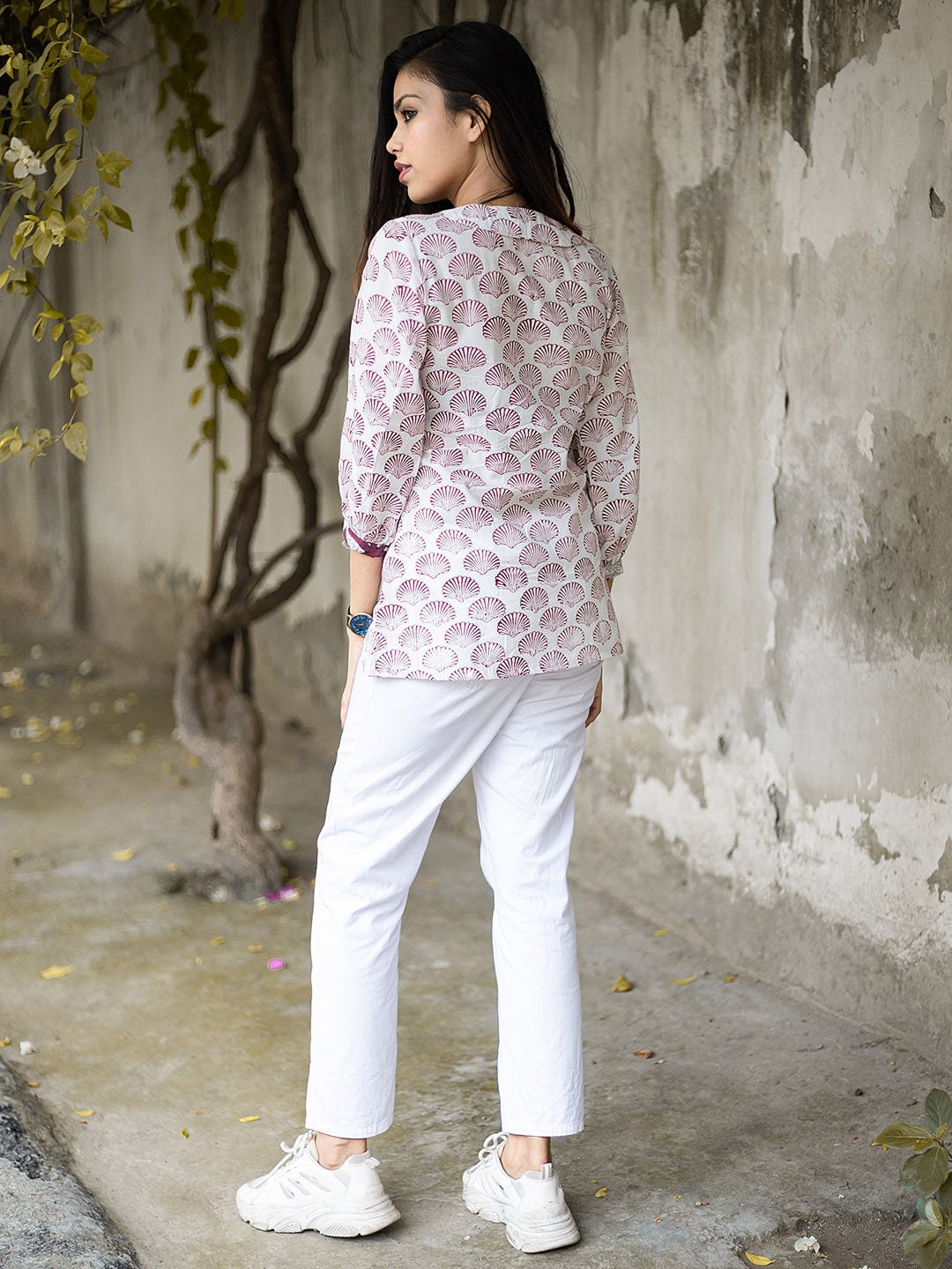 HandBlock Printed Mauve Flower Top