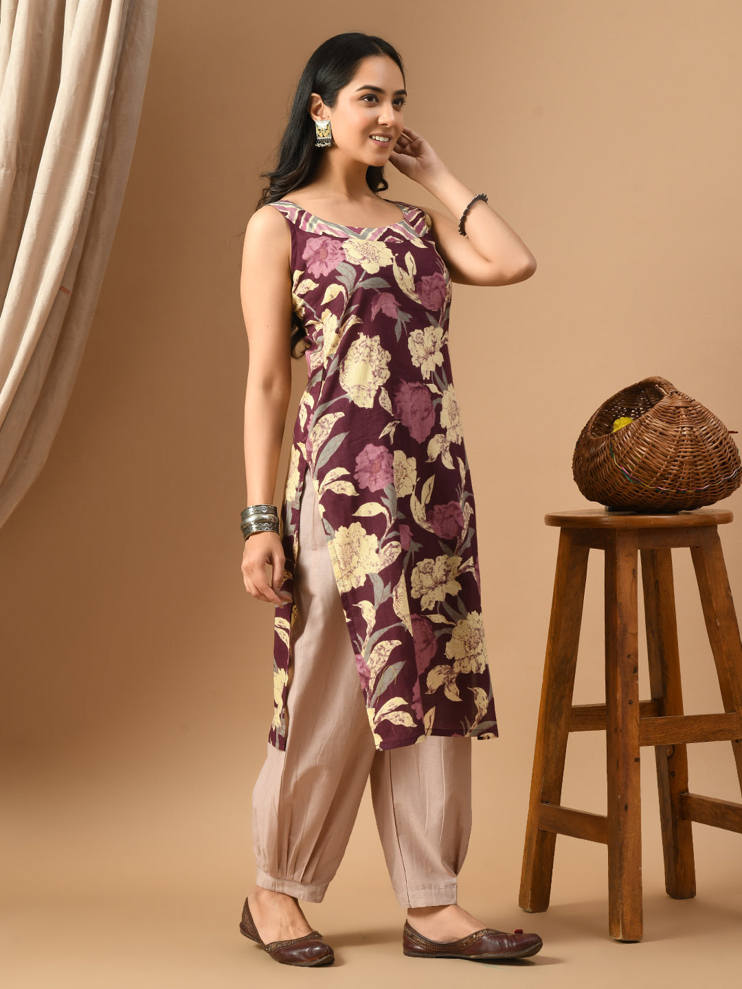 Pure Cotton Wine beige floral sleeveless kurta