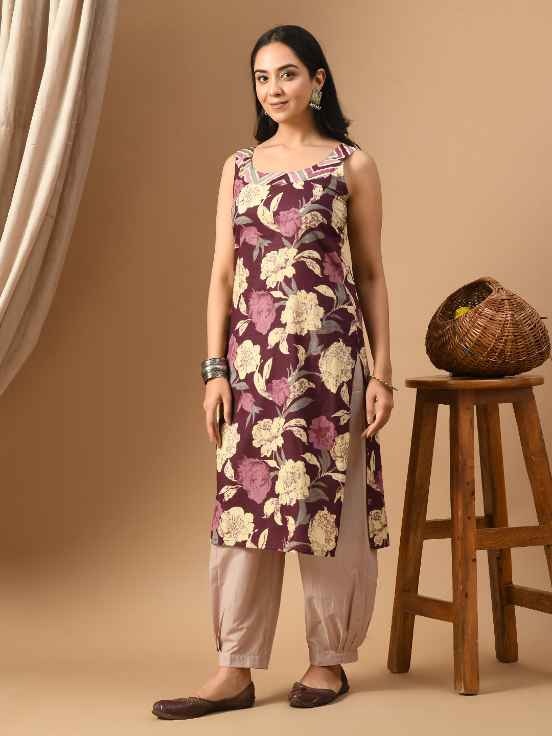 Pure Cotton Wine beige floral sleeveless kurta