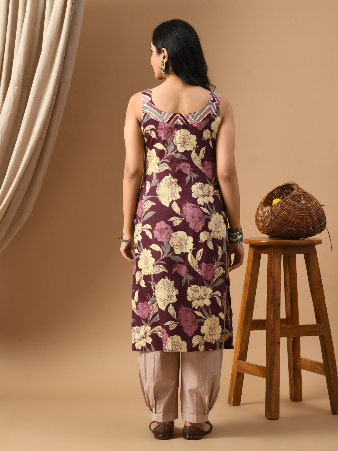 Pure Cotton Wine beige floral sleeveless kurta