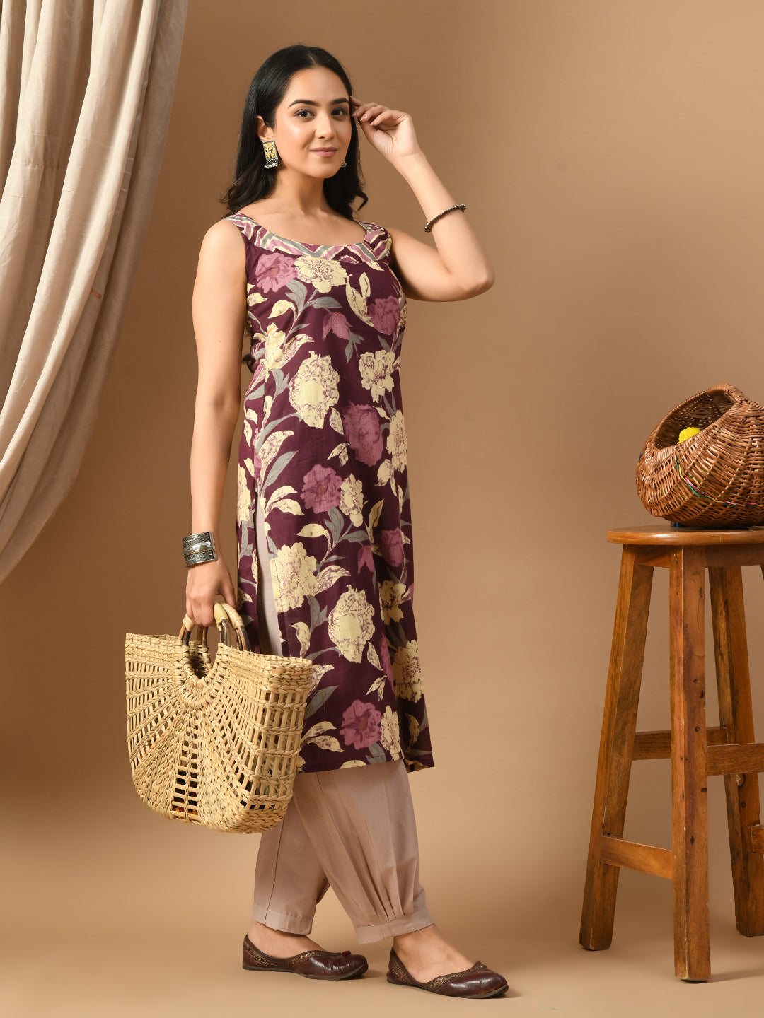 Pure Cotton Wine beige floral sleeveless kurta