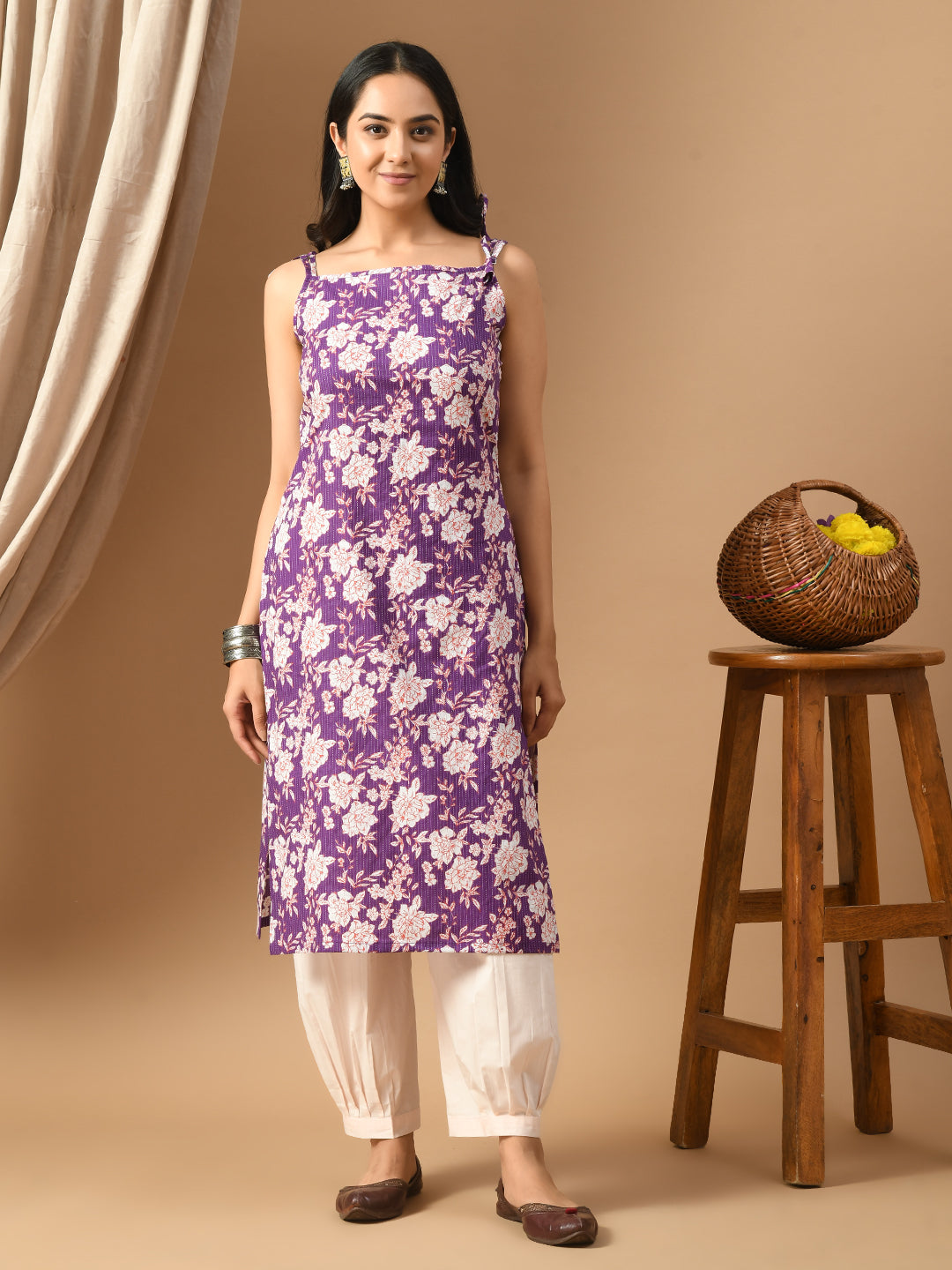 Pure Cotton katha wine cream floral kurta set