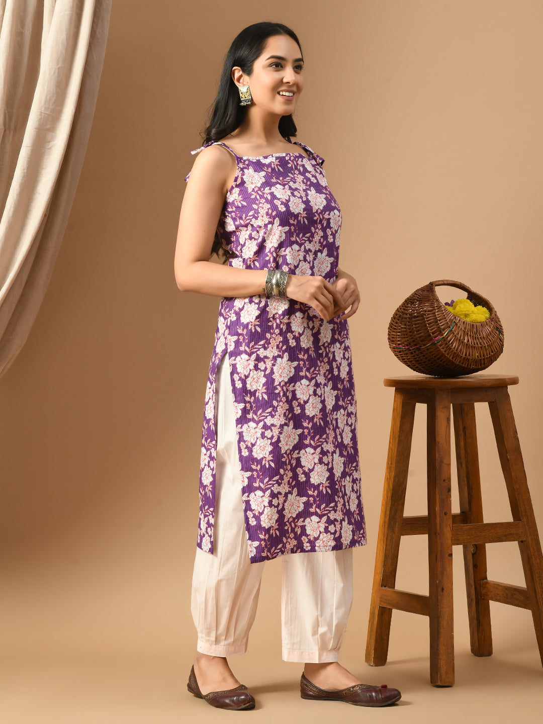 Pure Cotton katha wine cream floral kurta set