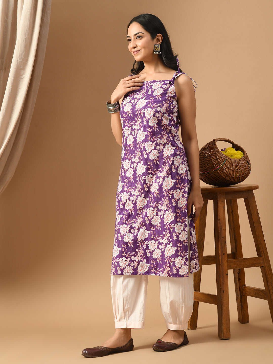 Pure Cotton katha wine cream floral kurta set