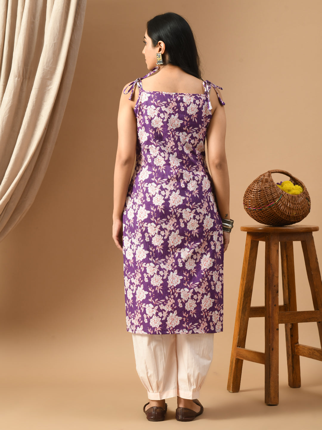 Pure Cotton katha wine cream floral kurta set