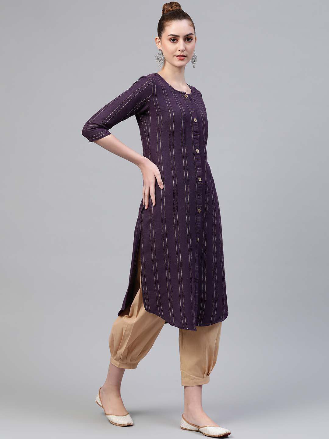 Women Purple & Beige Striped Thread Work Handloom Cotton Kurta