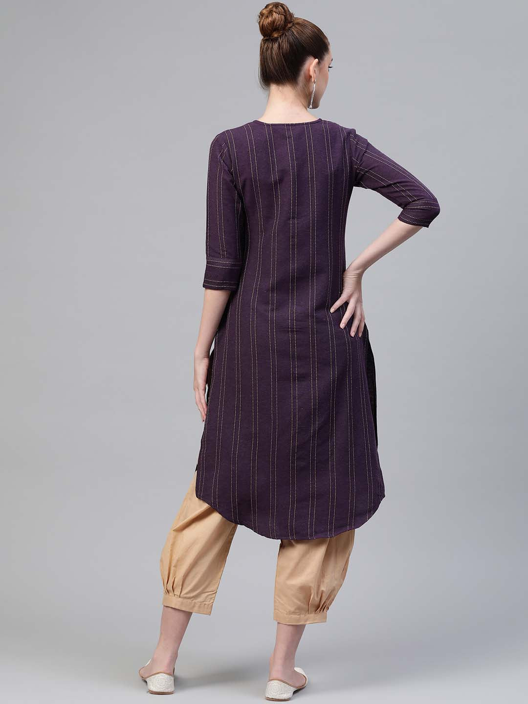 Women Purple & Beige Striped Thread Work Handloom Cotton Kurta